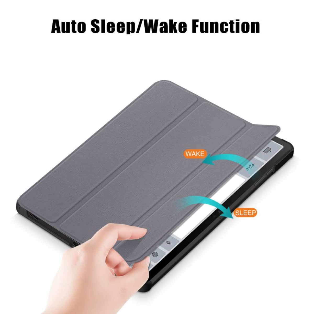 Ein graues Tablet-Case geöffnet, das den Tablet-Bildschirm zeigt. Der Text 'WAKE' und 'SLEEP' weist auf die Funktionen hin.