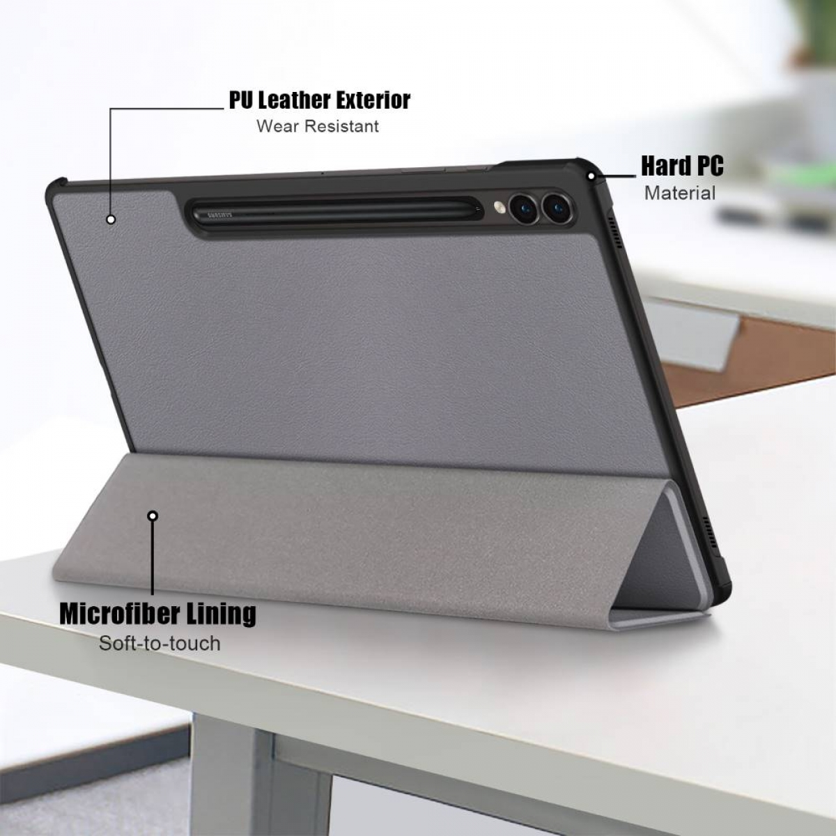 Tablet in einem Case. Graue Außenseite, schwarzer Rahmen, weiße Oberfläche.