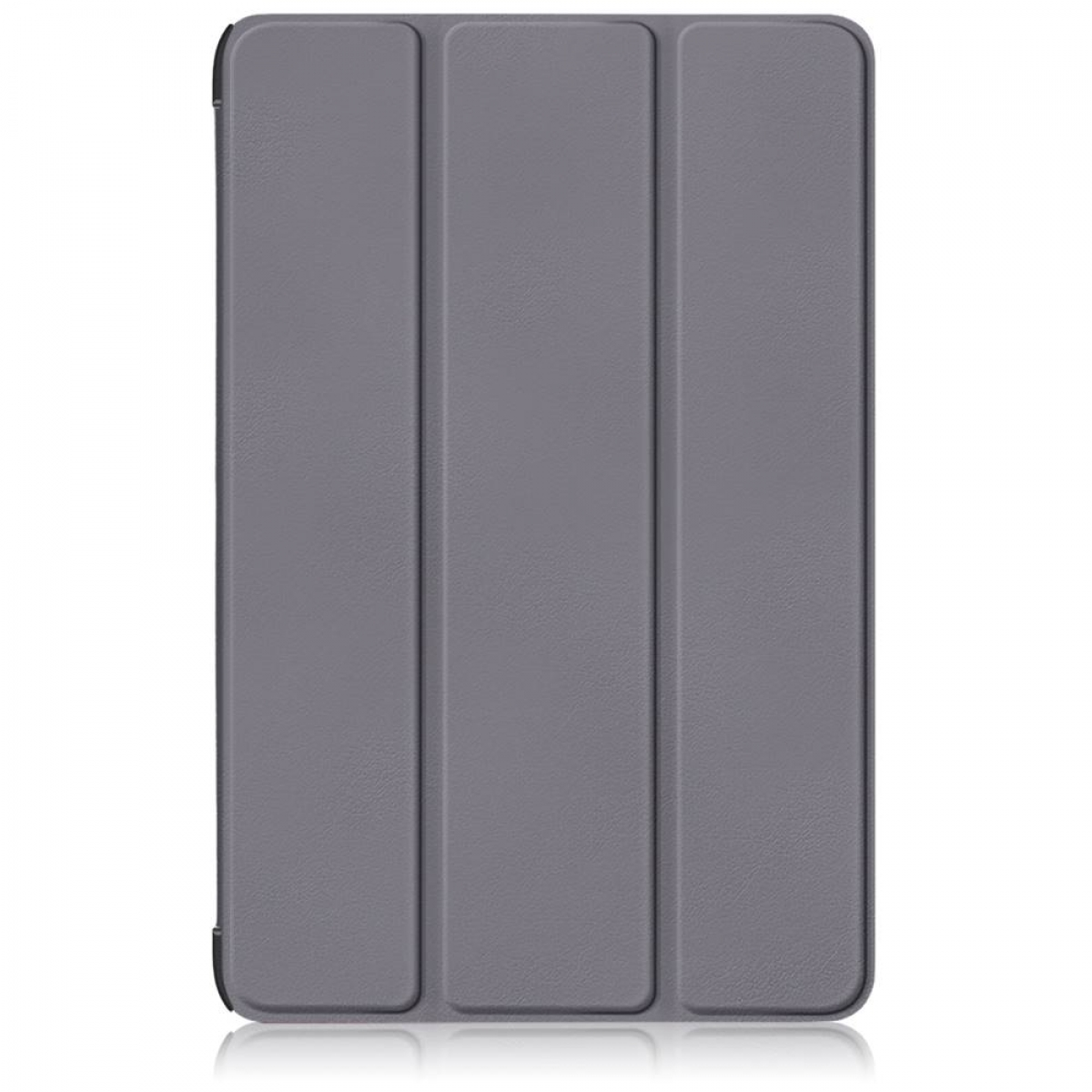 Eine geschlossene graue Tablet-Hülle. Die Hülle hat drei vertikale Paneele. Weißer Hintergrund.