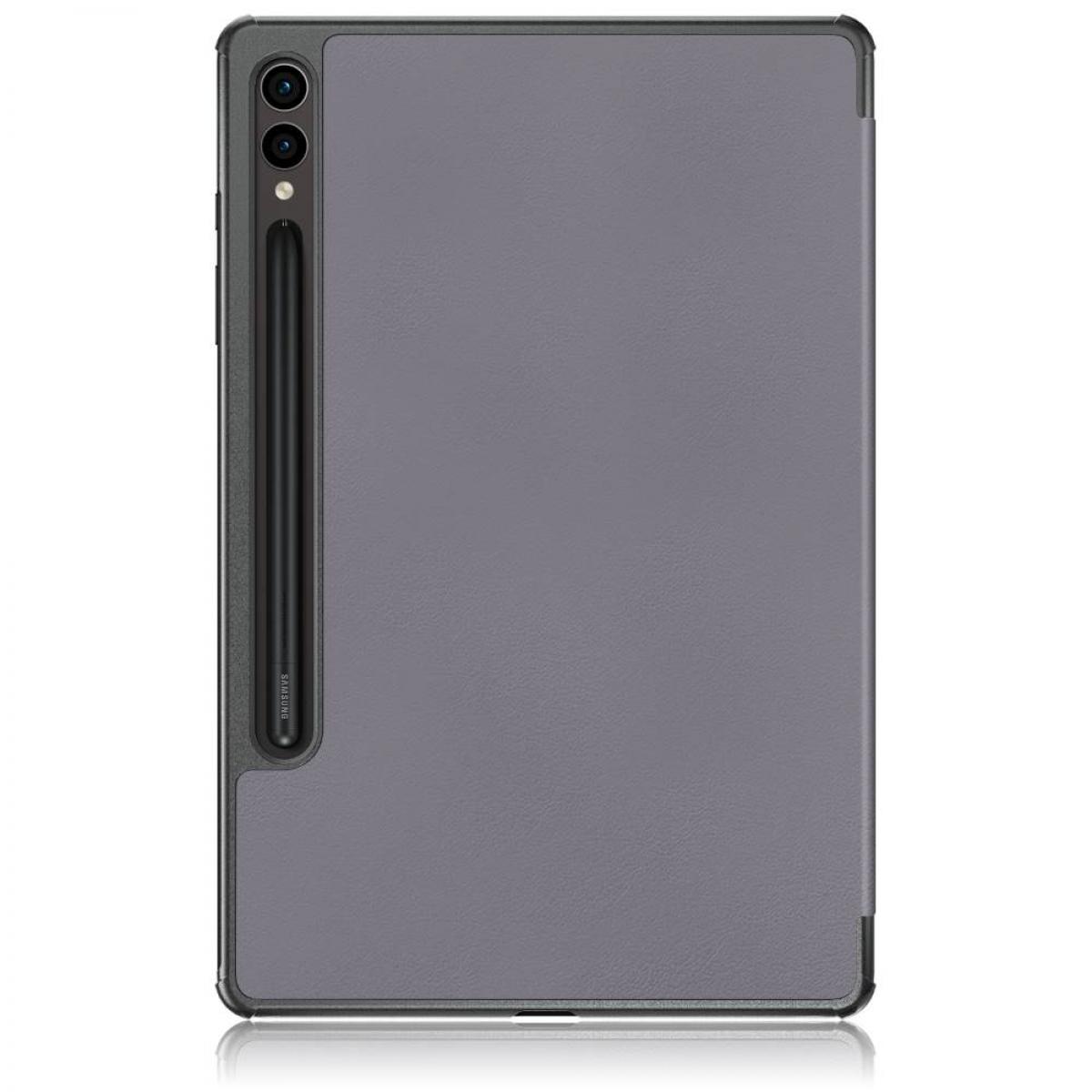 Graue Tablet-Hülle mit Stiftschacht und eingelegtem Stift.