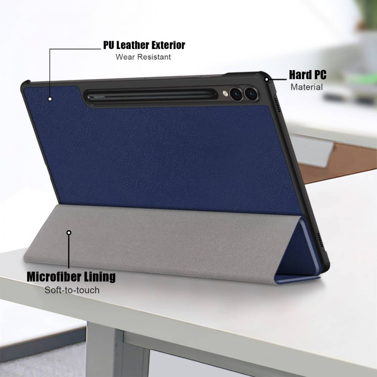Tablet mit blauem Oberteil und grauem Ständer. Textbezeichnungen: PU-Leder-Außen, Hart-PC-Material.