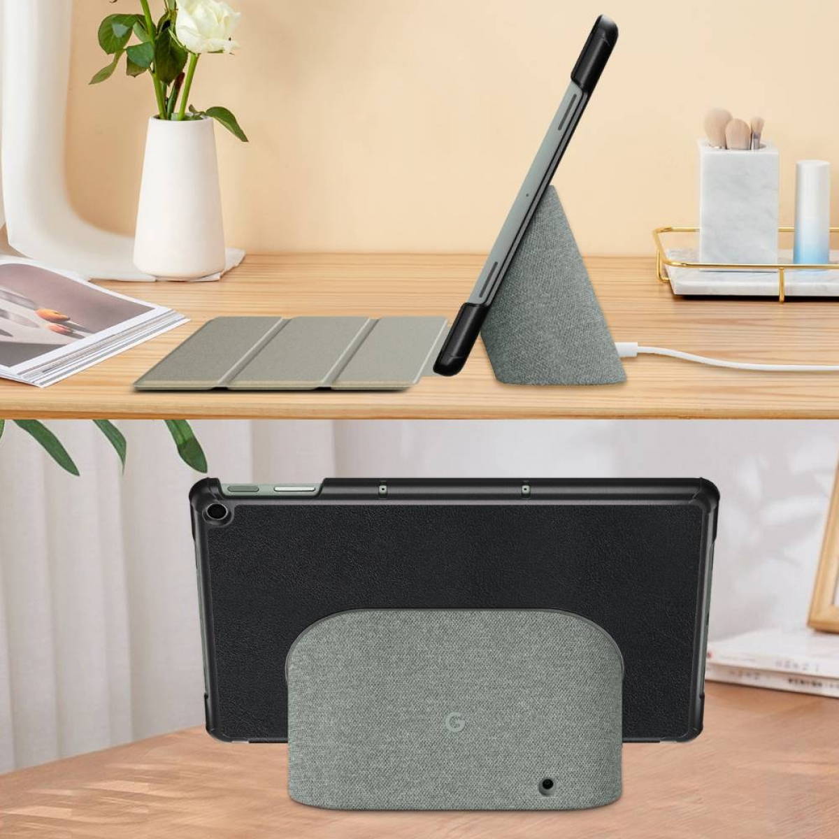 Tablets auf einem Schreibtisch. Eines ist in einem grauen Ständer aufgestellt, das andere liegt flach auf einem Ständer.