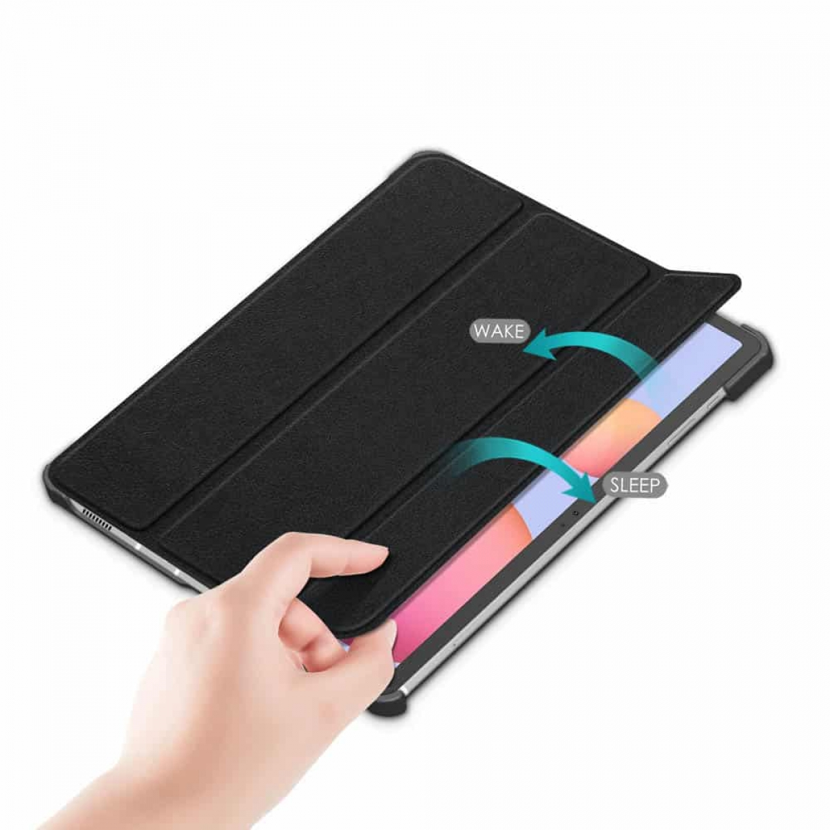 Ein Tablet mit schwarzer Hülle, das einen Bildschirm mit den Worten 'WAKE' und 'SLEEP' zeigt. Eine Hand öffnet es.