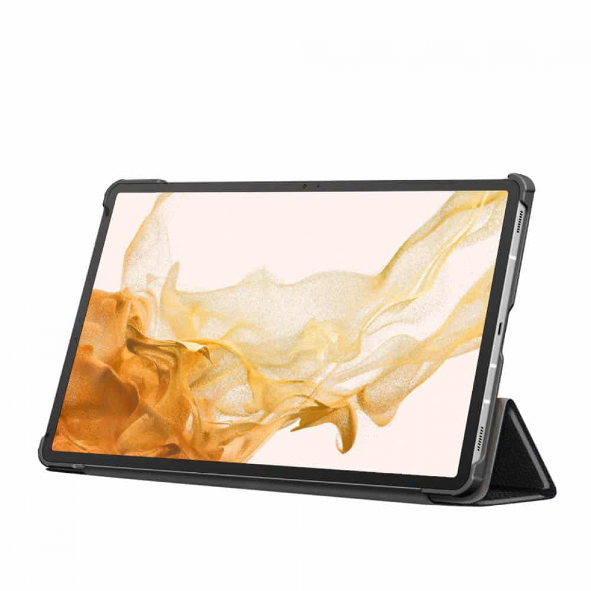 Tablet in schwarzer Schutzhülle mit Ständer, zeigt goldenen und weißen abstrakten Hintergrund.