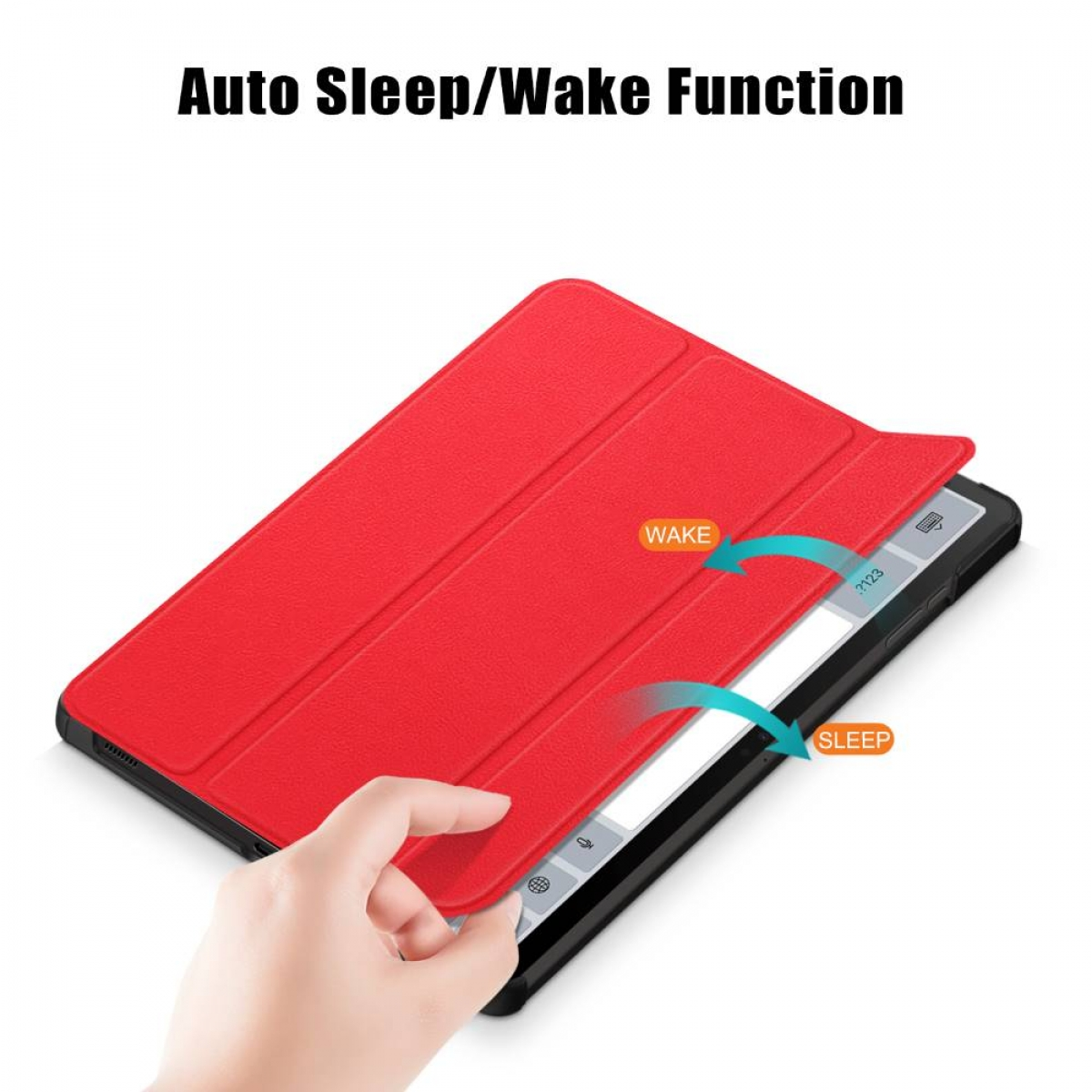 Tablet-Hülle mit roter Abdeckung. Pfeile zeigen Wake- und Sleep-Funktionen. Text: Auto Sleep/Wake-Funktion.