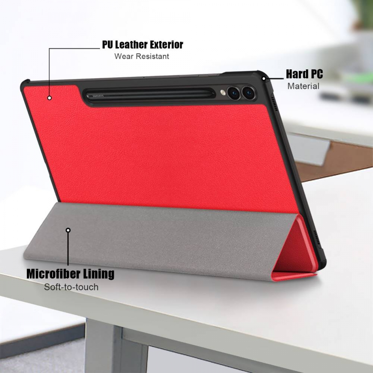 Rotes Tablet mit grauem Ständer aufgestellt. Etiketten weisen auf PU-Leder und Mikrofaser hin.