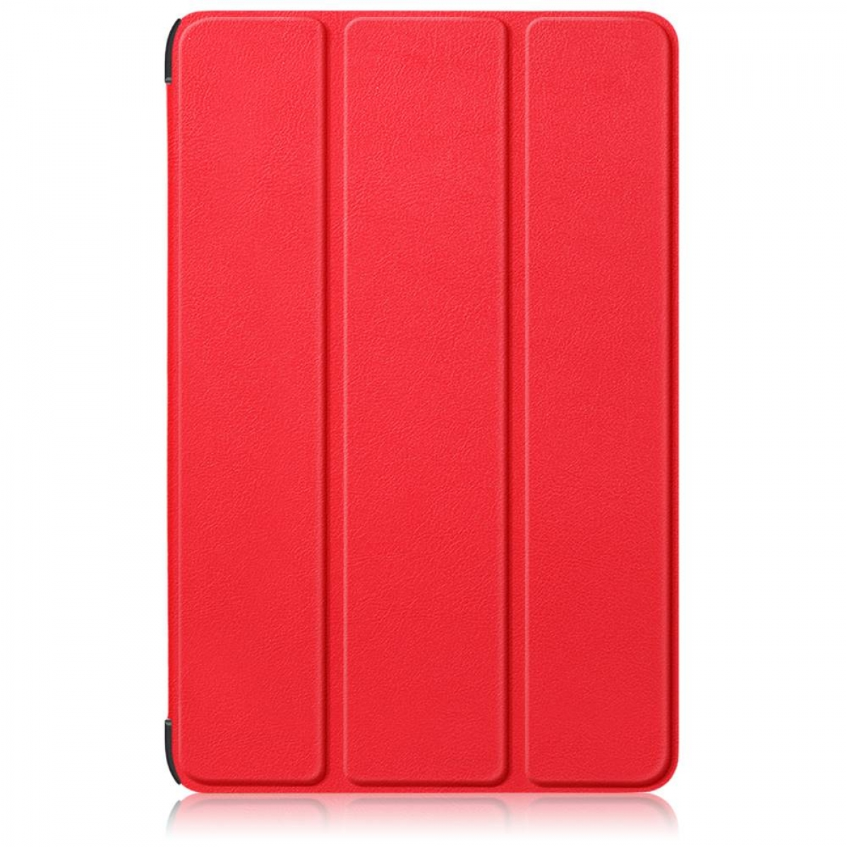 Rote Tablet-Hülle zusammengeklappt. Die Hülle hat drei vertikale Paneele.