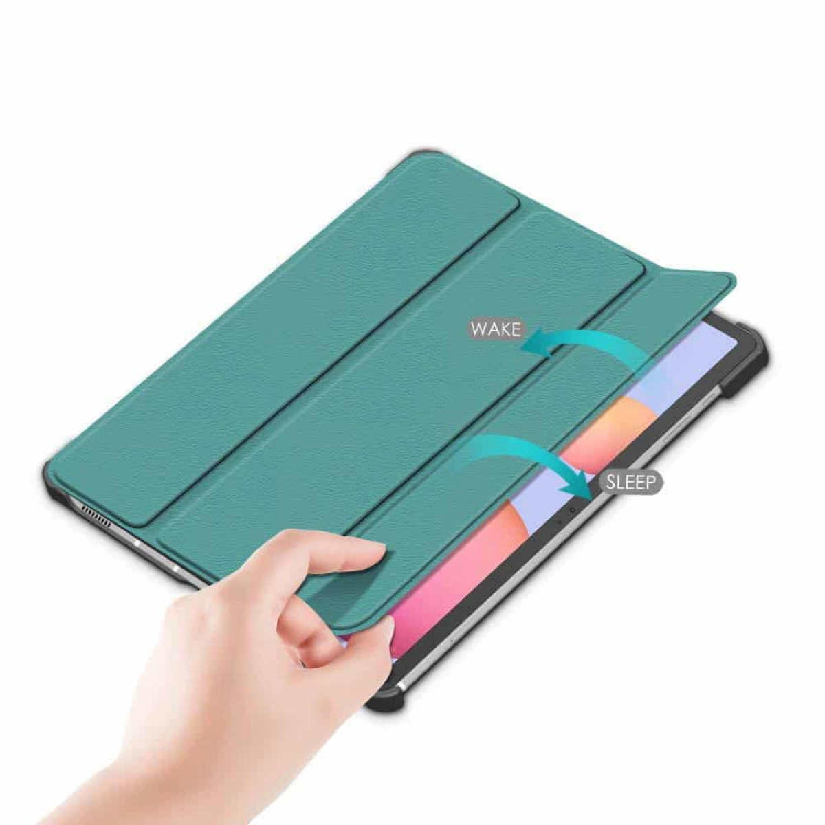 Eine Hand öffnet eine Tablet-Hülle. Die Hülle ist türkis und das Tablet ist sichtbar.