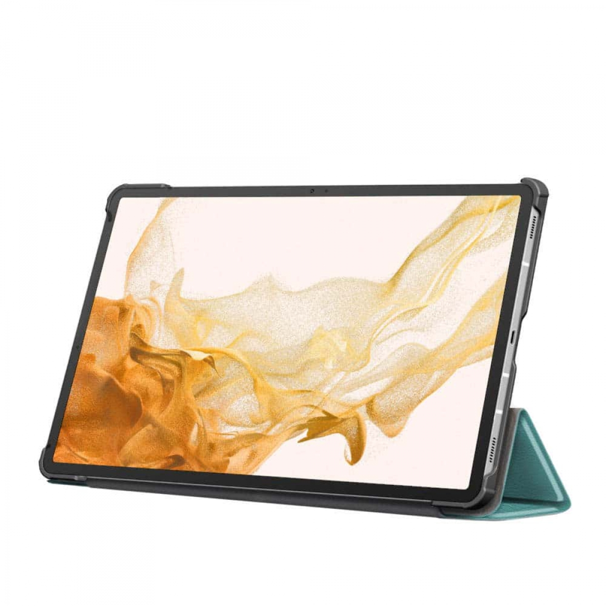 Tablet mit schwarzem Rahmen in einem Gehäuse, auf einer türkisblauen Hülle abgestützt.