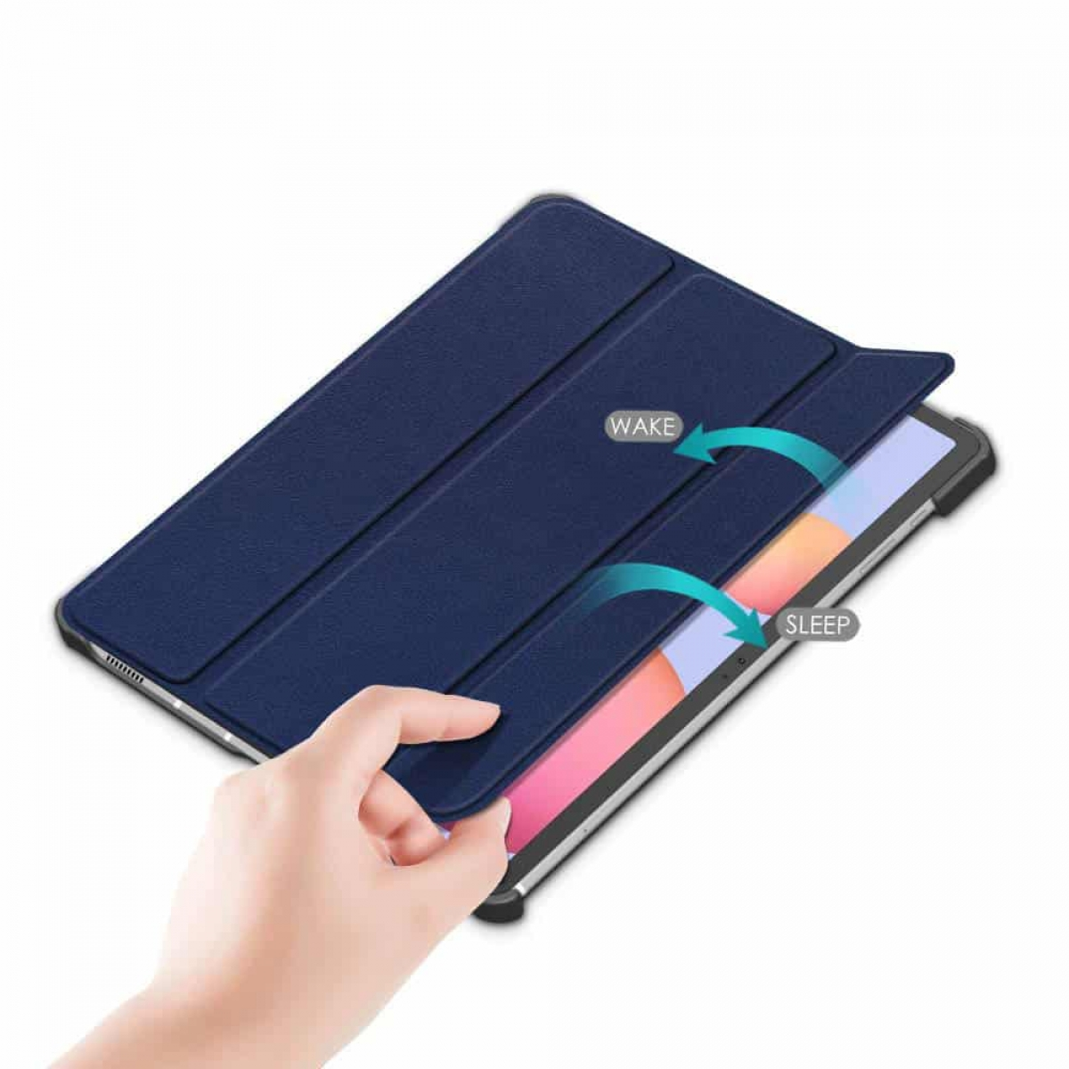 Tablet mit blauem Cover, geöffnet. Zeigt die Weck-/Schlaffunktion.