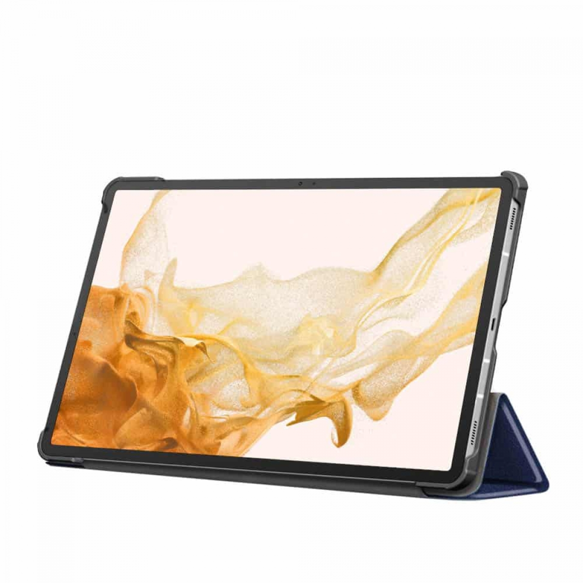 Tablet auf einem Ständer, in einer Hülle, mit blauem Cover. Der Bildschirm zeigt ein abstraktes Bild.