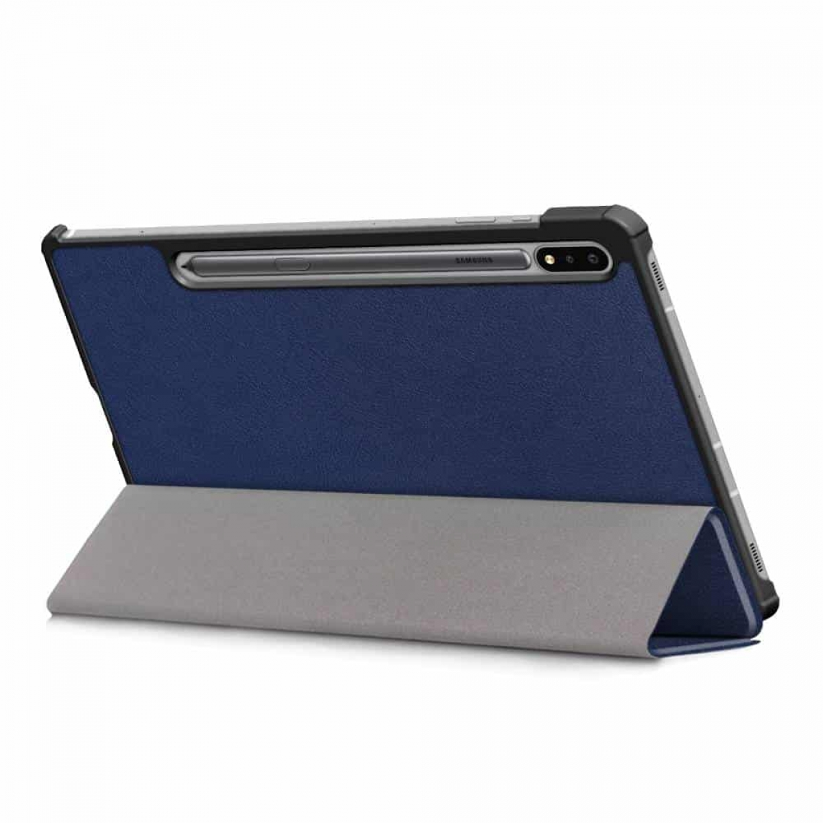 Blaue Leder-Tablethülle mit eingebautem Ständer. Die Hülle ist teilweise geöffnet.