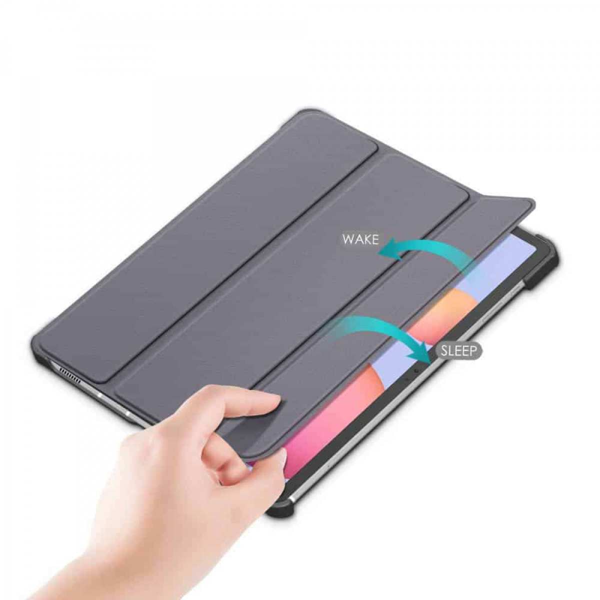 Eine Hand öffnet eine Tablet-Hülle. Pfeile zeigen die Weck-/Schlaf-Funktion.