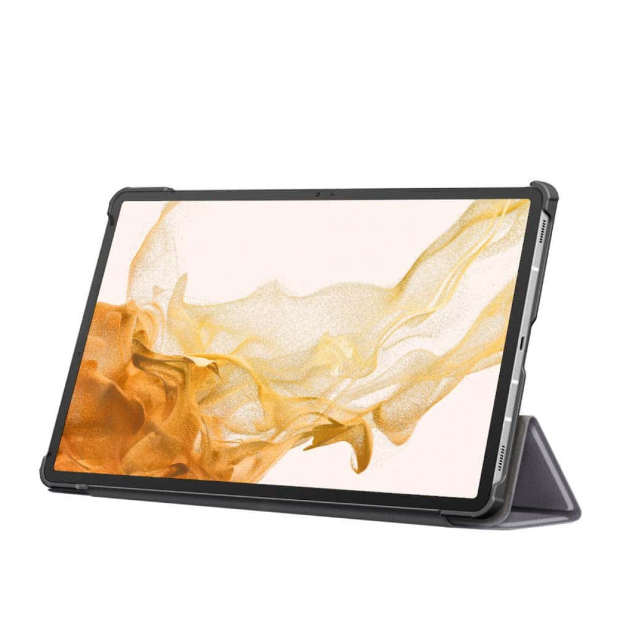 Ein Tablet in einer schwarzen Hülle, die in einem Ständer aufgestellt ist. Der Bildschirm zeigt ein goldenes Design.