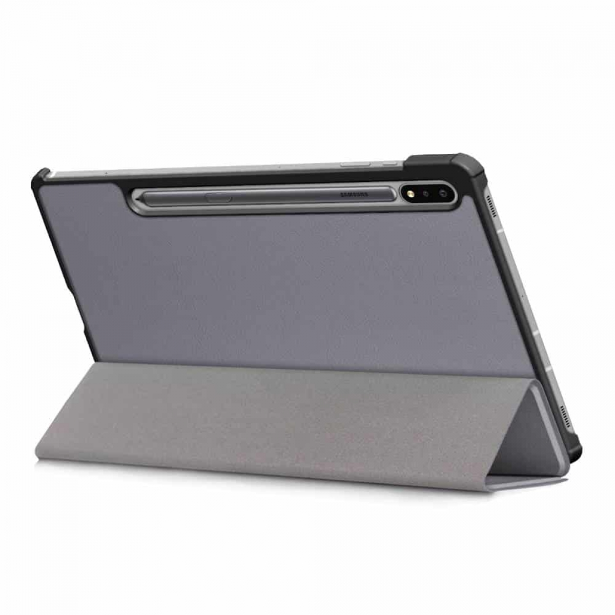 Graue Tablet-Hülle mit Stifthalter. Das Tablet ist auf weißem Hintergrund aufgestellt.