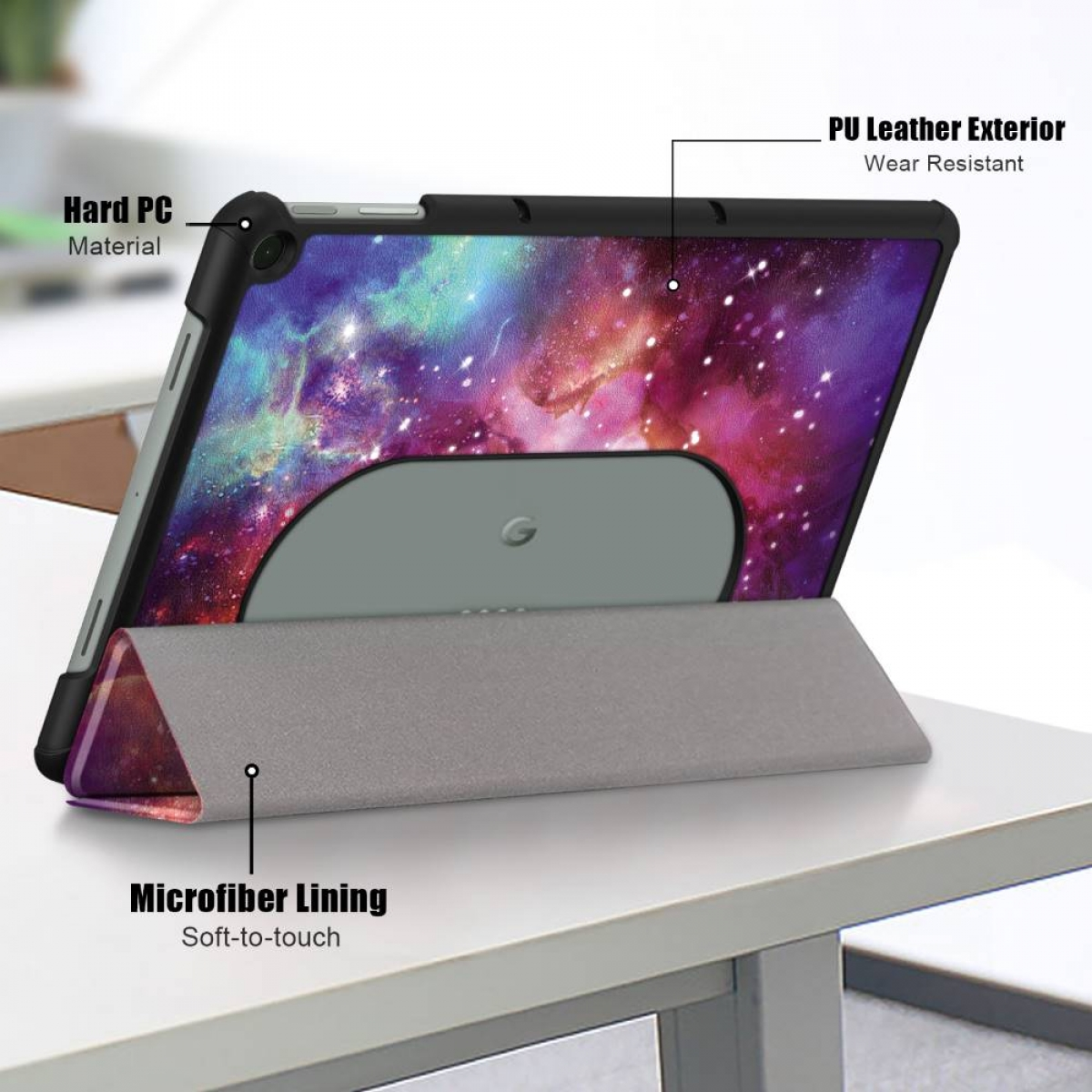 Eine Tablethülle mit Galaxiedesign und Textbeschriftungen.