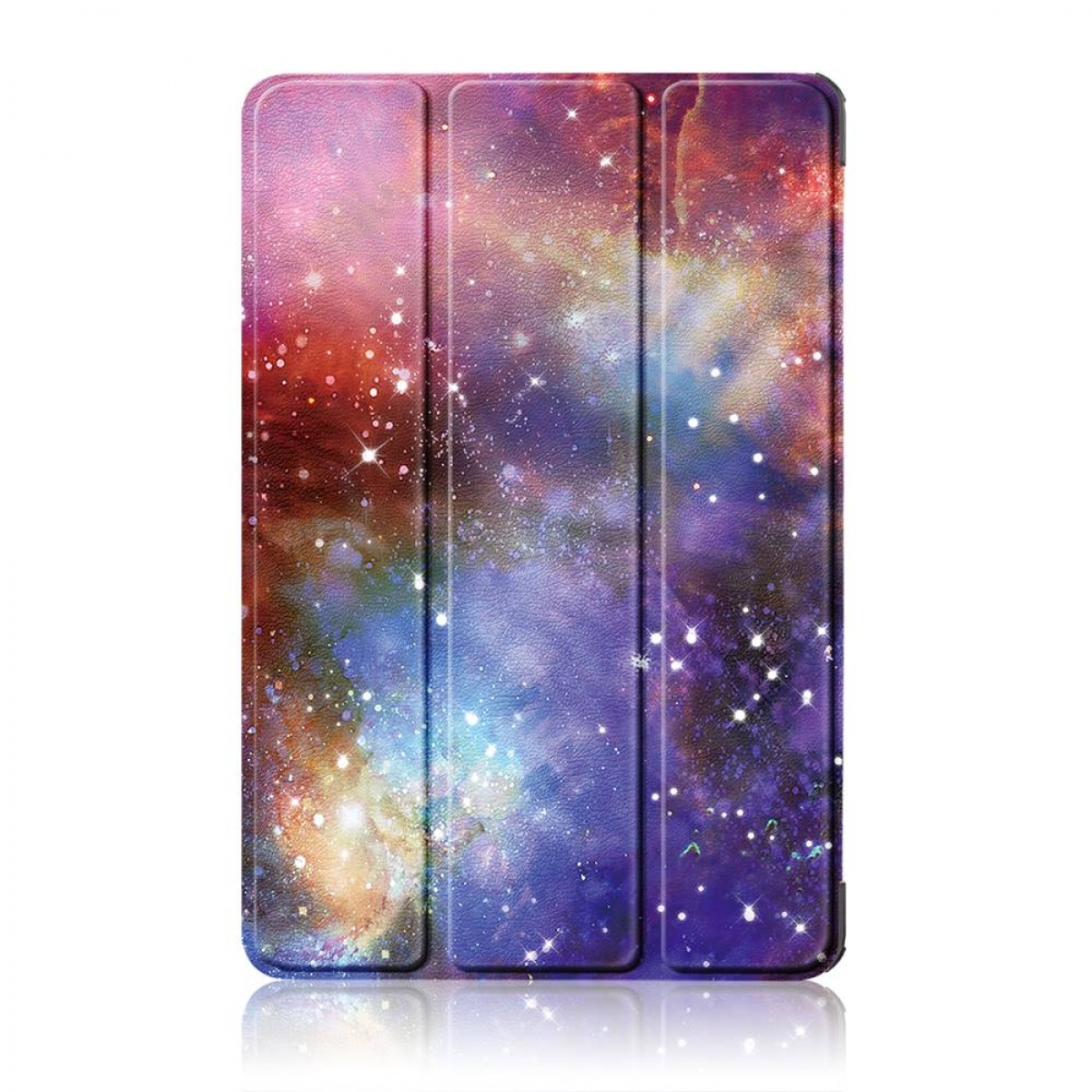 Tablethülle mit Galaxiedesign. Sie ist gefaltet und zeigt ein farbenfrohes Nebelmuster.