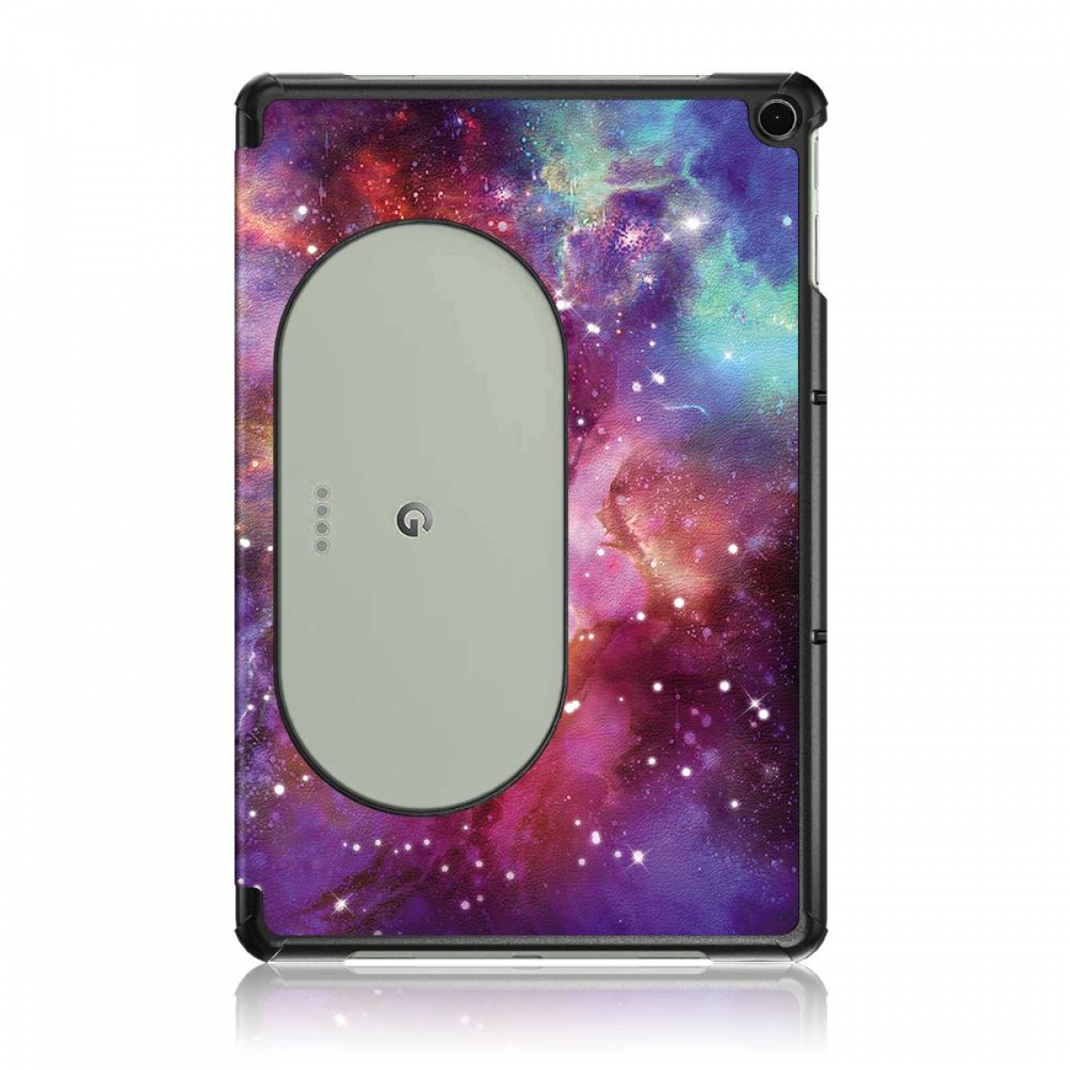 Tablet mit farbenfrohem Galaxie-Design-Gehäuse und Ladestation.