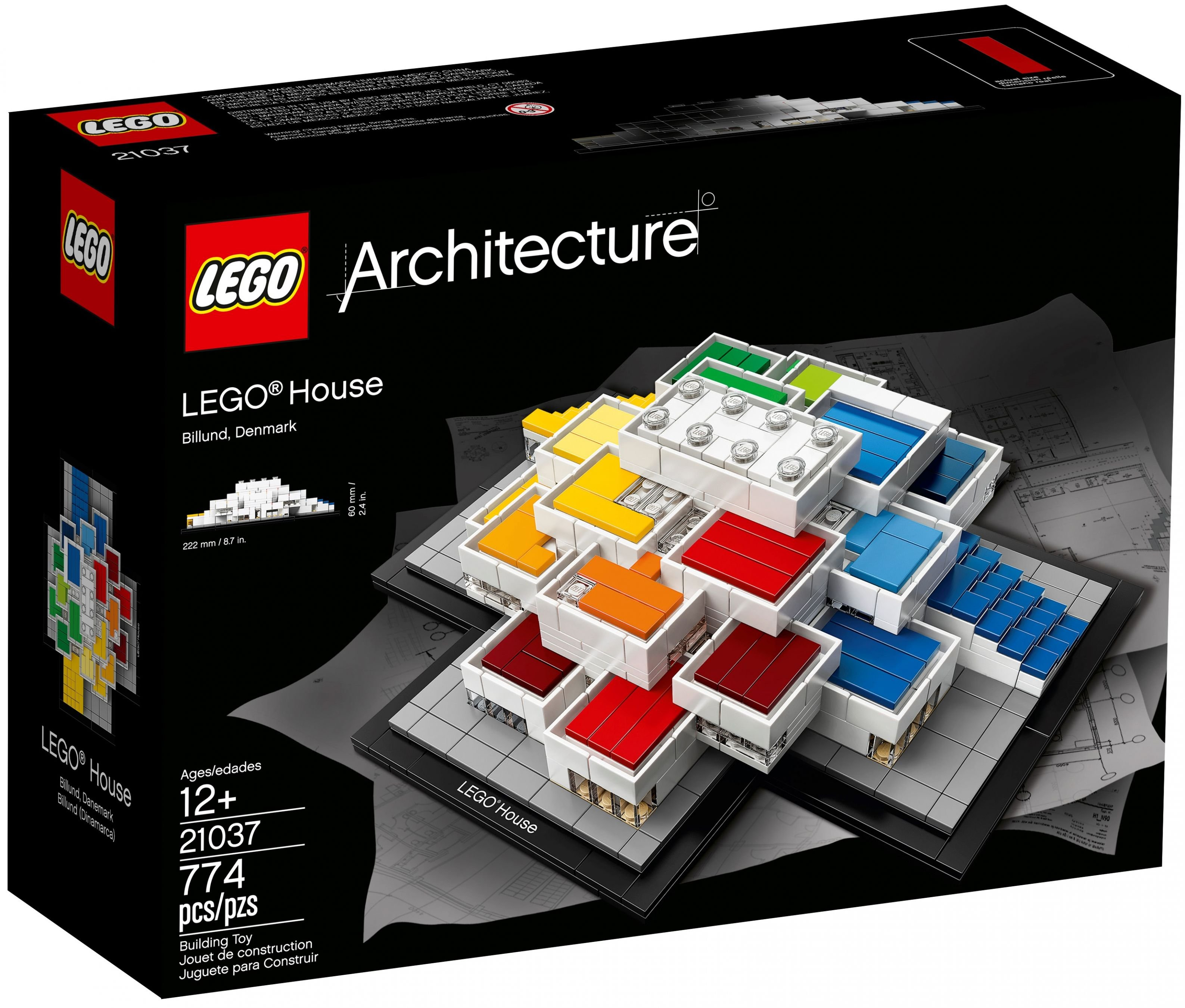 Görünür bir Lego ev modeli ile Lego Architecture kutusu.
