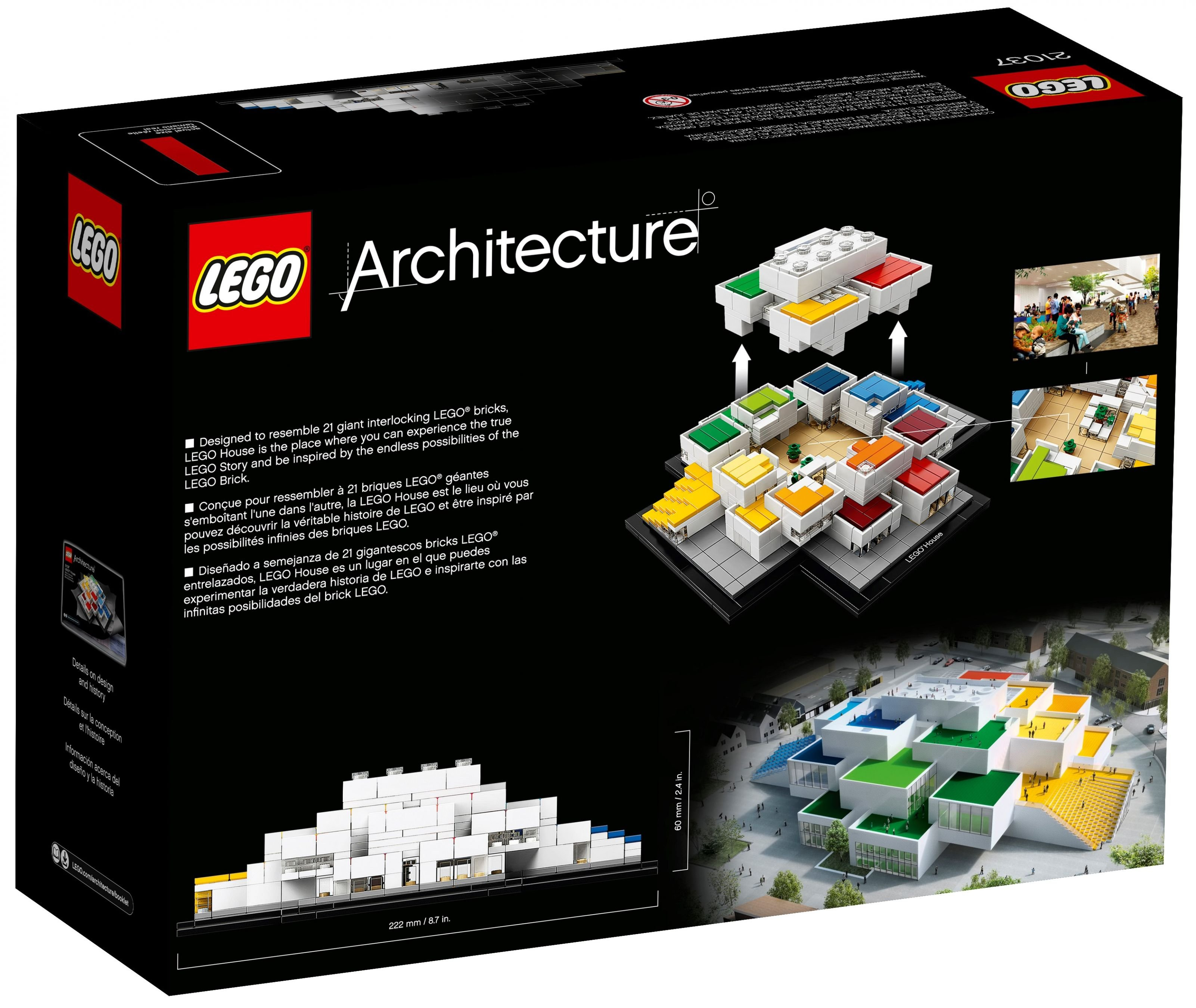 LEGO Architecture kutusu, siyah zemin üzerine beyaz metin ve bina resimleri. Talimatlar ve LEGO tuğlaları içerir.