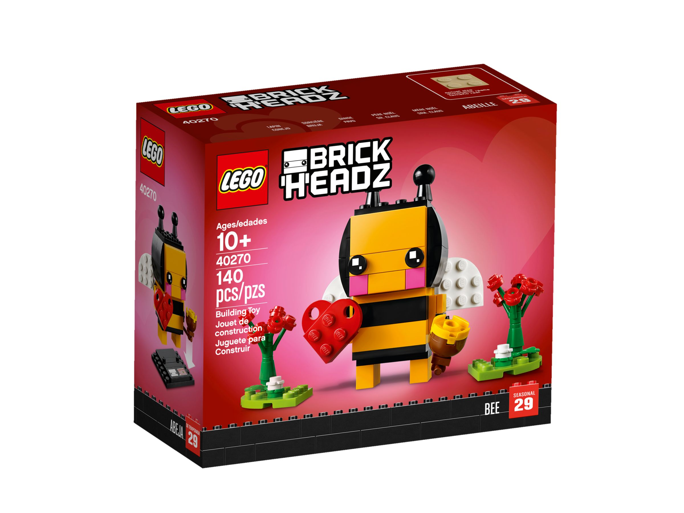 Lego BrickHeadz Biene in Box. Schwarz-gelbe Biene mit rotem Herz und Blumen.