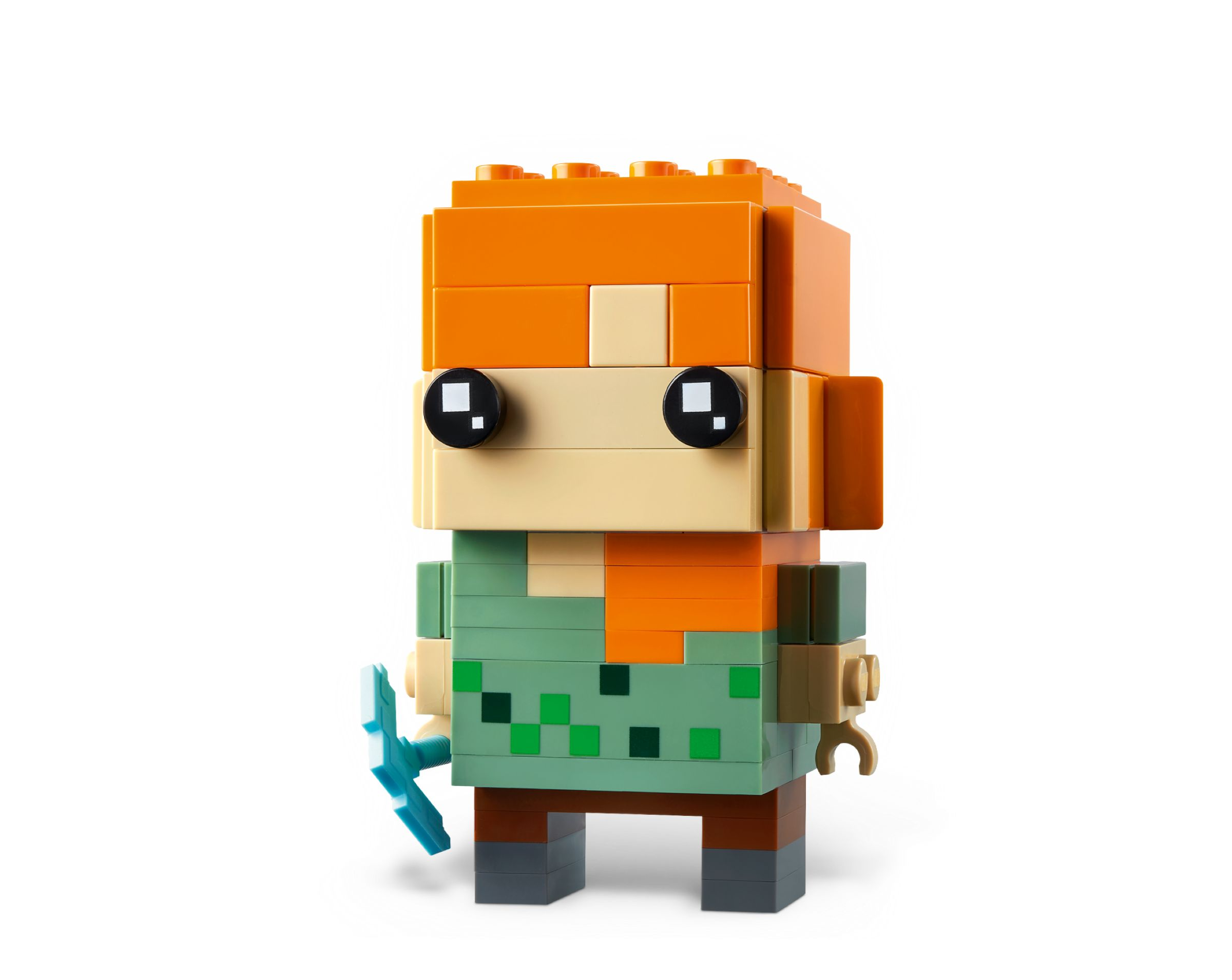 Minecraft Alex Lego-figuur, gebouwd van blokken. Oranje haar, groen shirt, blauwe pijl en boog.