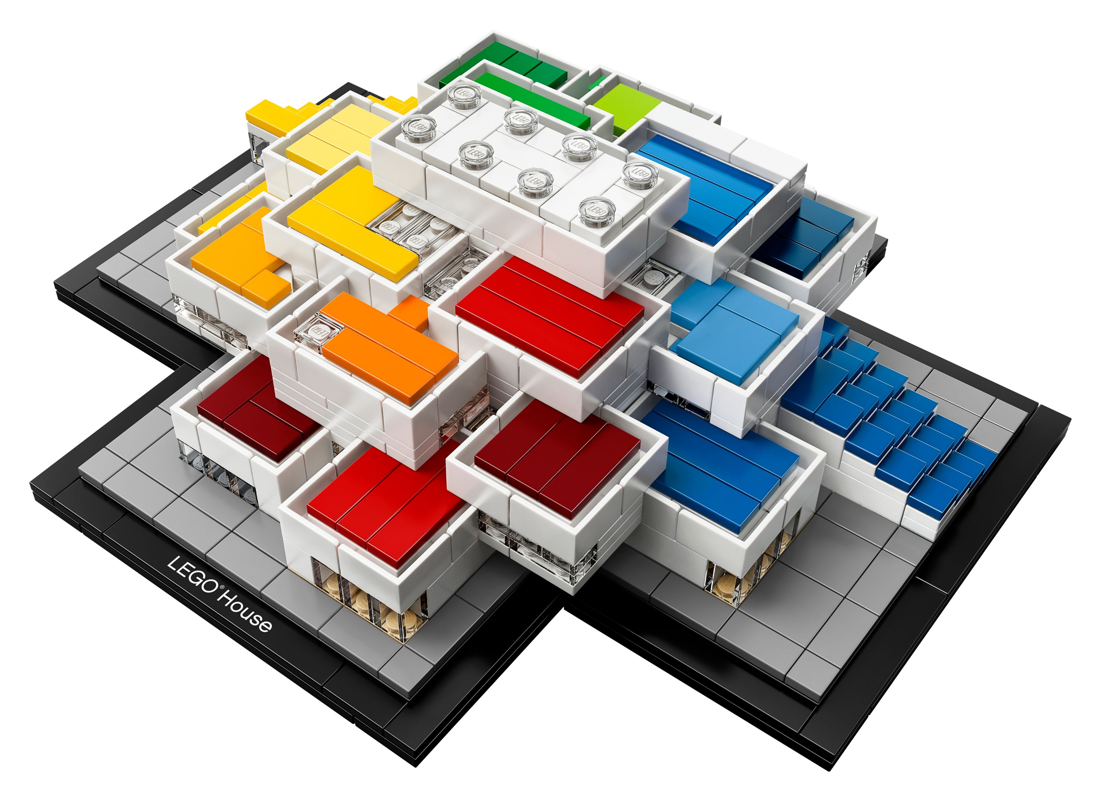 Lego House modeli, Lego House başlığı ile siyah bir taban üzerinde renkli bloklarla.