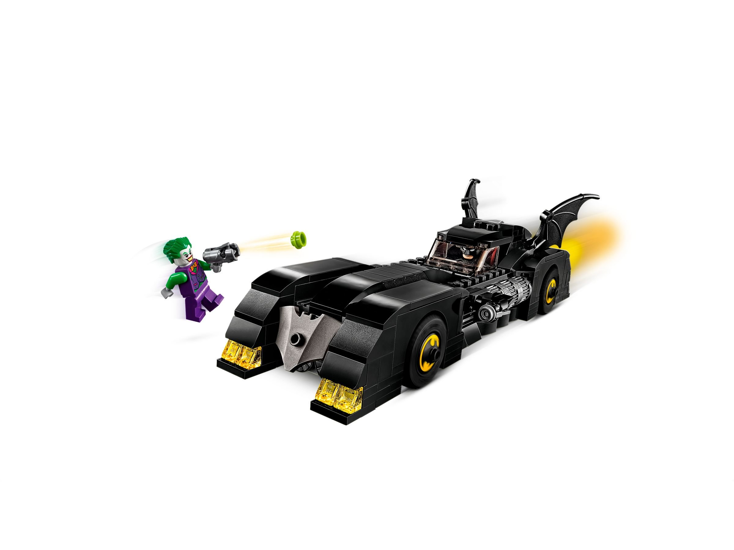 Set Lego con l'auto di Batman e il Joker. Il Joker sta sparando un raggio verde.
