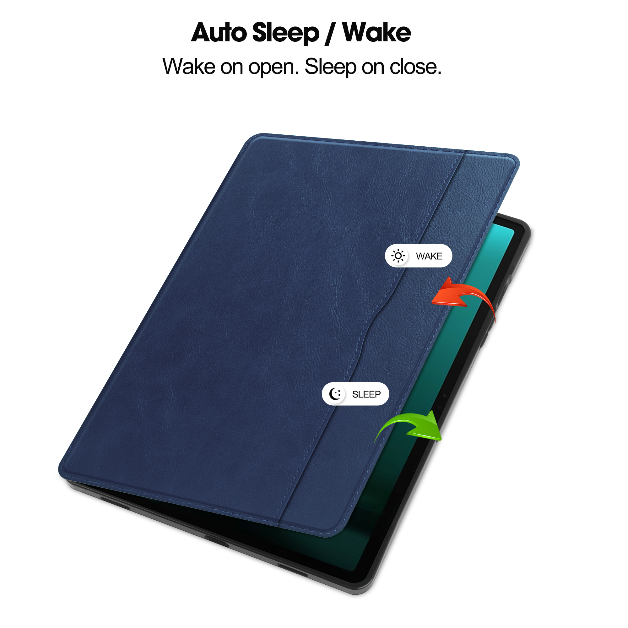 Tablet in blauem Etui, geschlossen. Text deutet auf Auto-Sleep/Wake-Funktion hin.