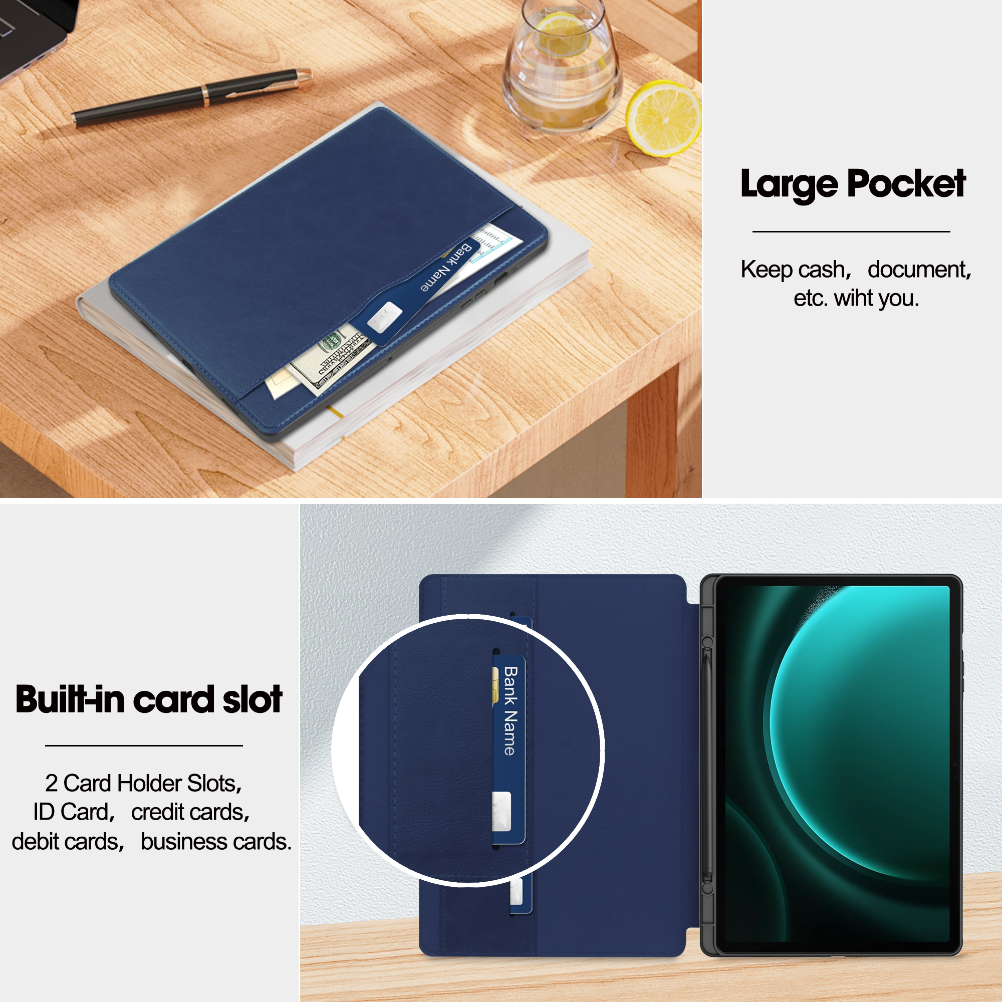Eine blaue Tablet-Hülle mit integriertem Kartenfach und einer Tasche mit Geld auf einem Holztisch.