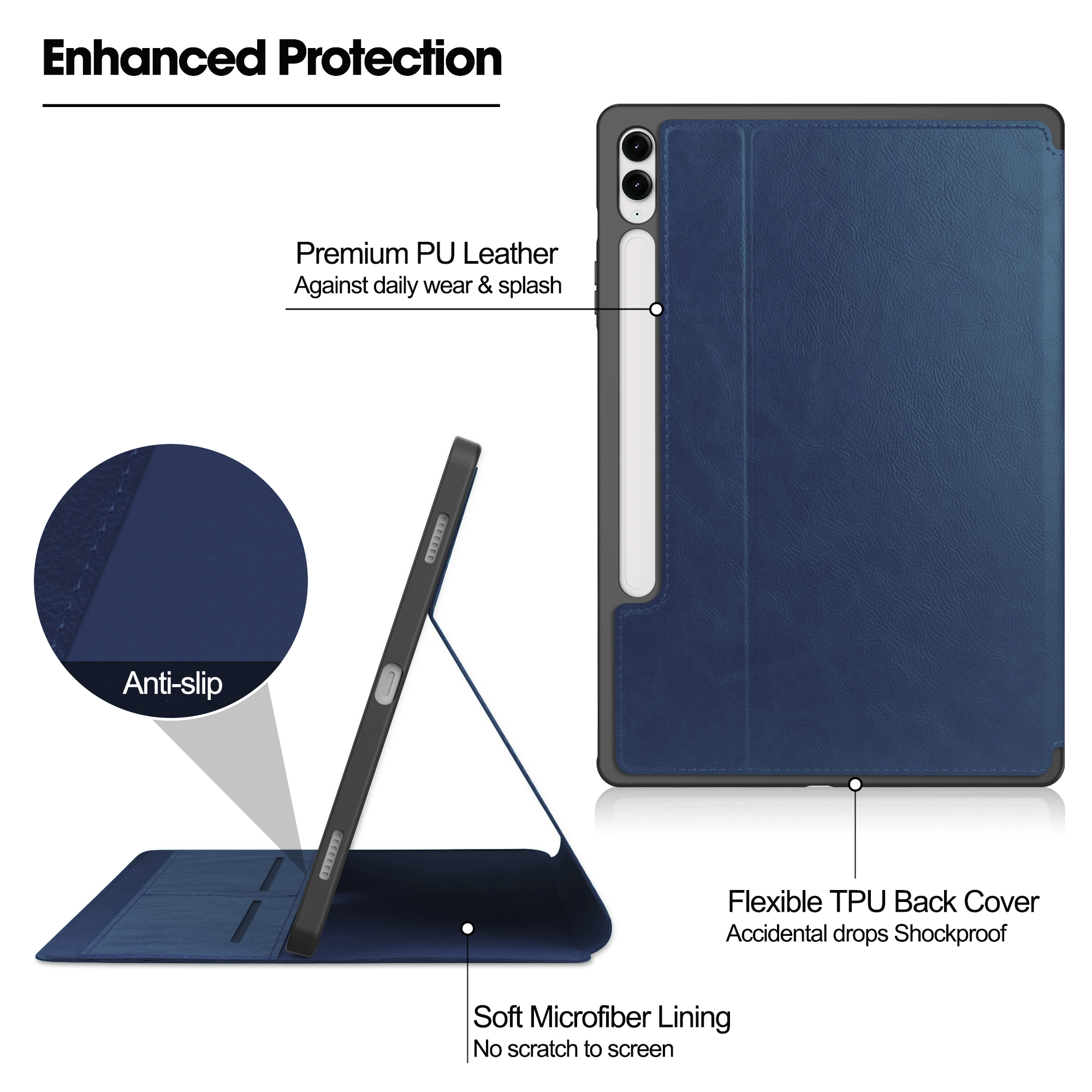 Eine dunkelblaue Tablethülle mit verbesserten Schutzfunktionen und Anti-Rutsch-Design.