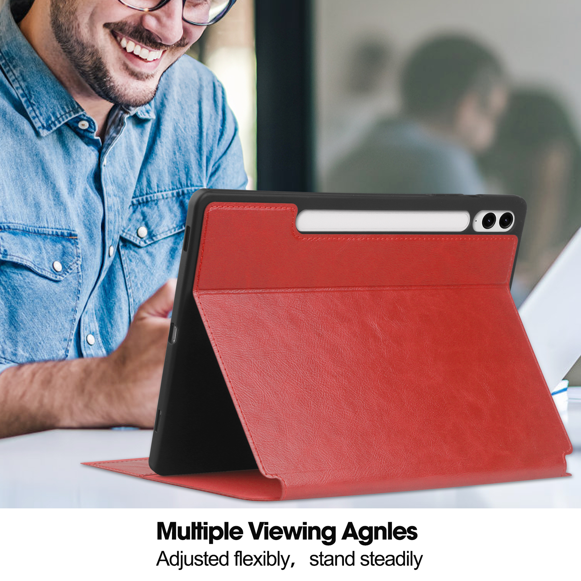 Tablet in rotem Gehäuse auf Tisch. Text: Multiple Viewing Angles.