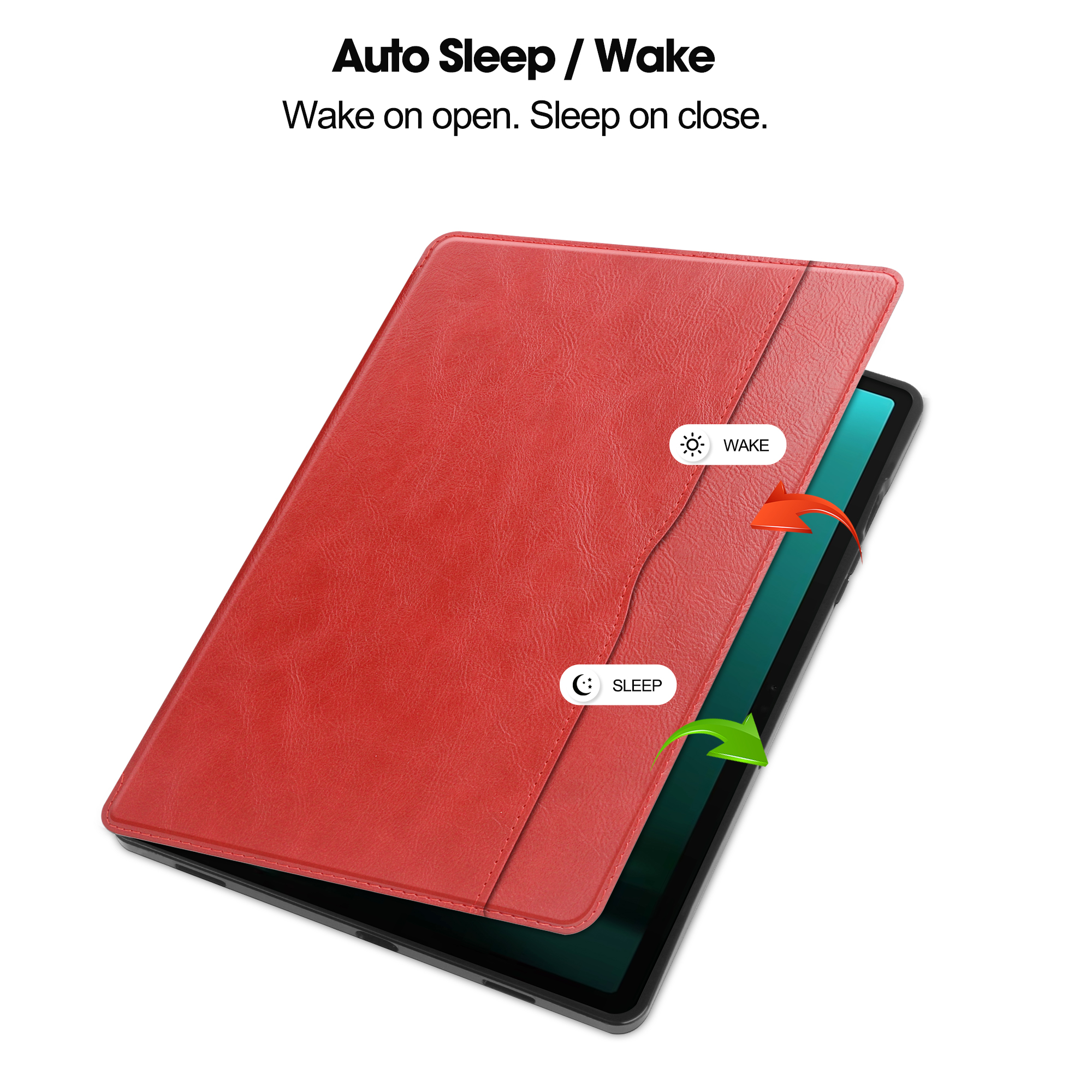 Rote Tablet-Hülle mit Aufwach- und Schlafpfeilen. Text: Auto Sleep/Wake. Tablet ist sichtbar.