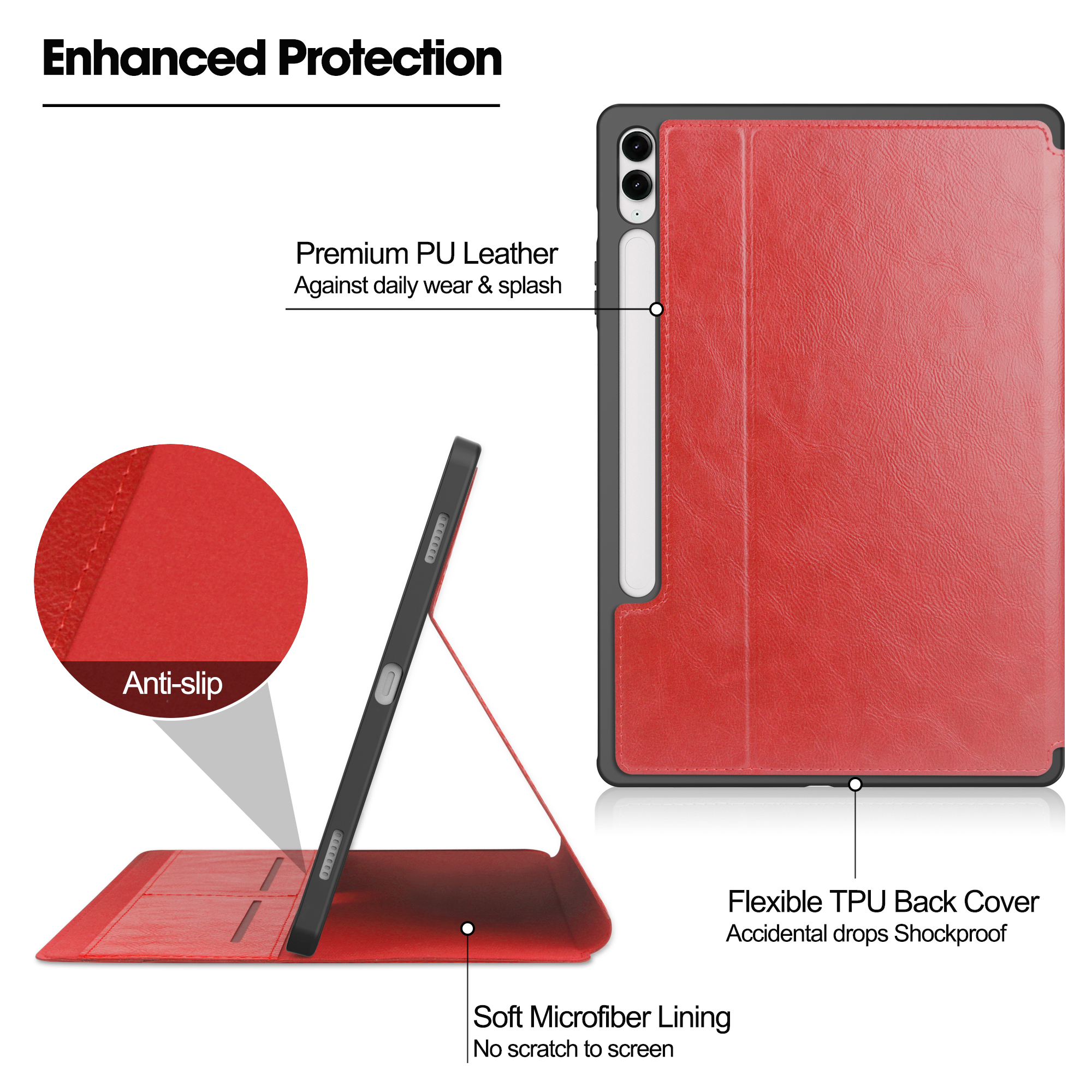 Eine rote Tablet-Hülle mit Stift. Die Hülle ist aufgestellt. Text beschreibt Schutzfunktionen.