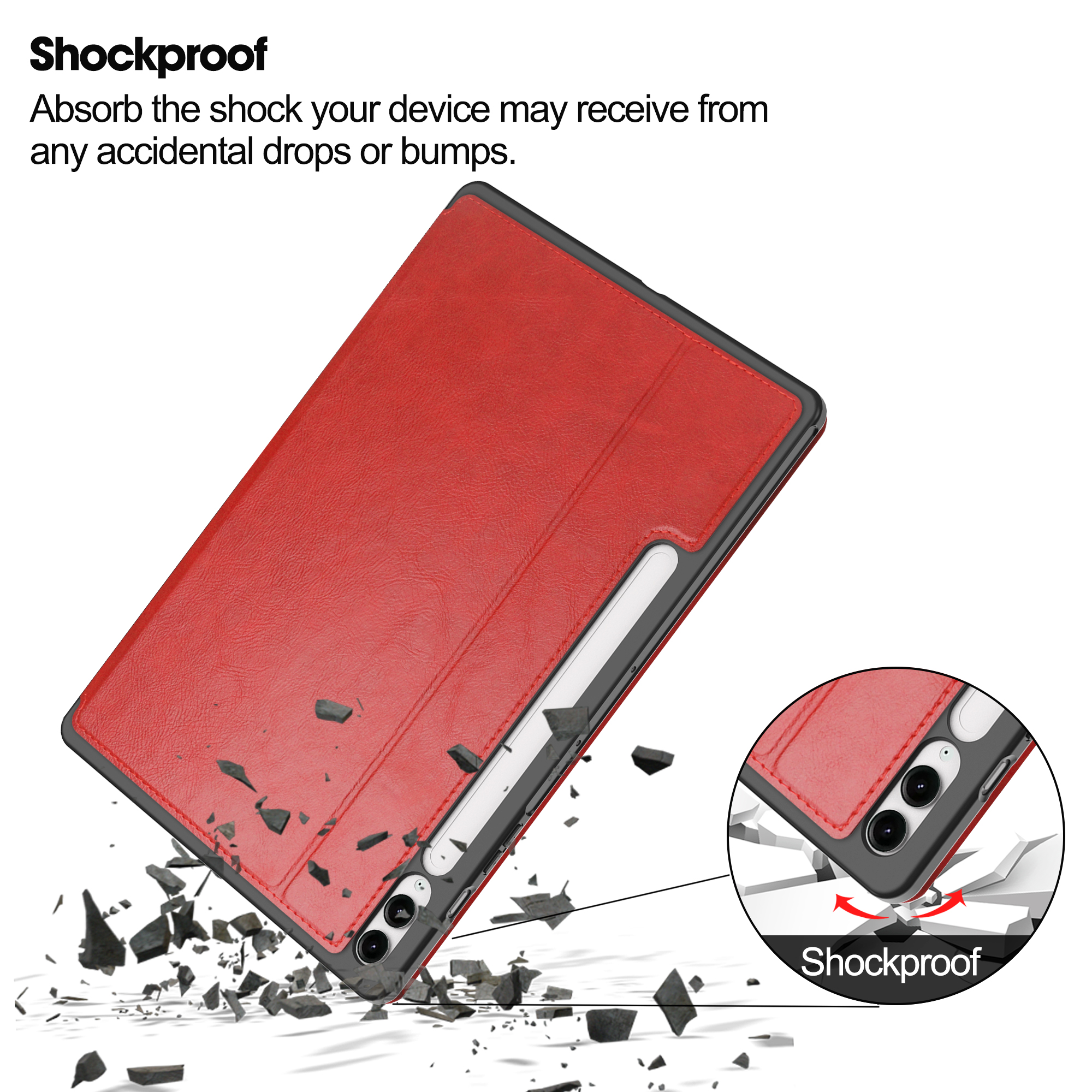 Rote Tablethülle mit Stift. Bild zeigt Aufprall auf Tablet, Text: Stoßfest.