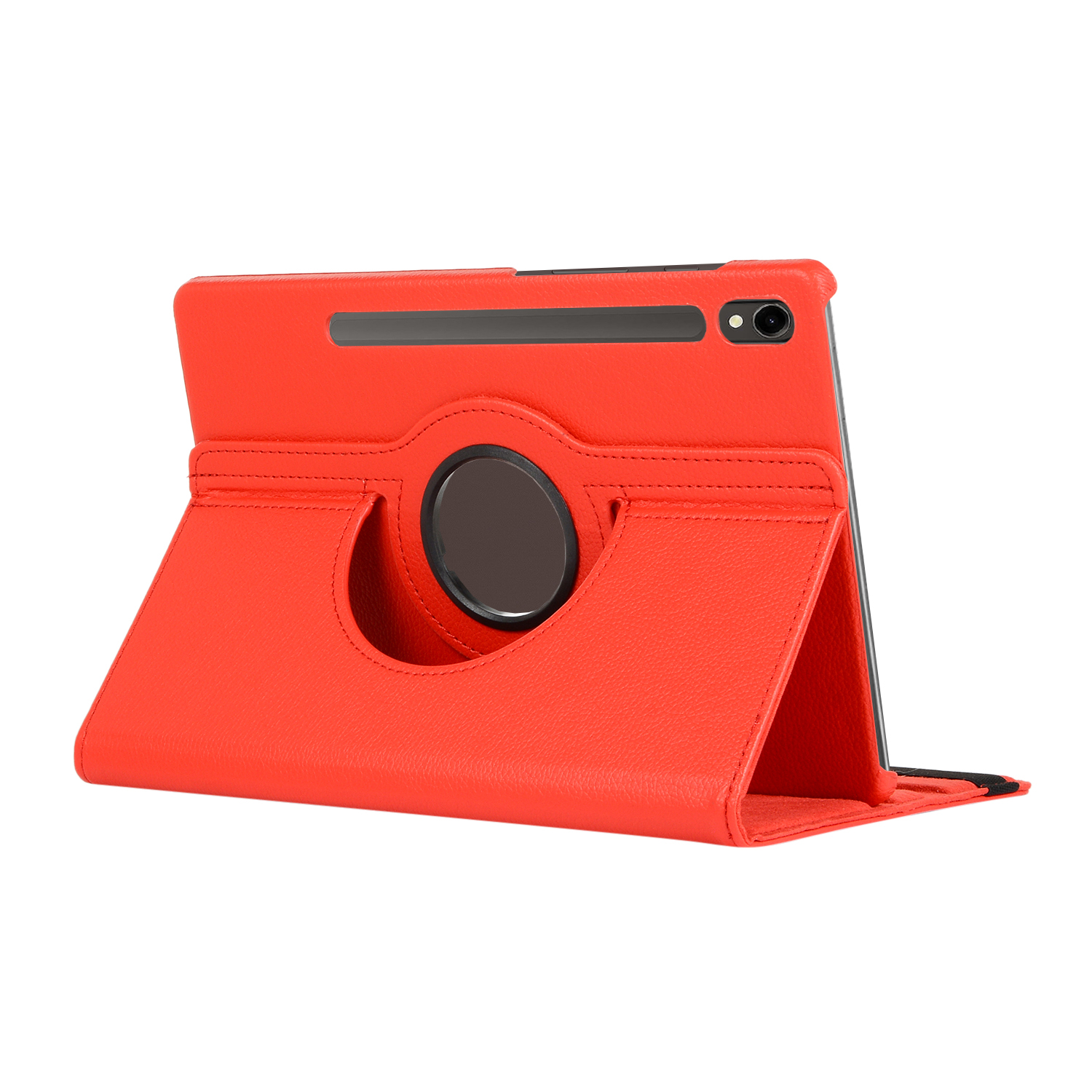 Rote Tablet-Hülle mit drehbarem Ständer und Stifthalter, weißer Hintergrund.