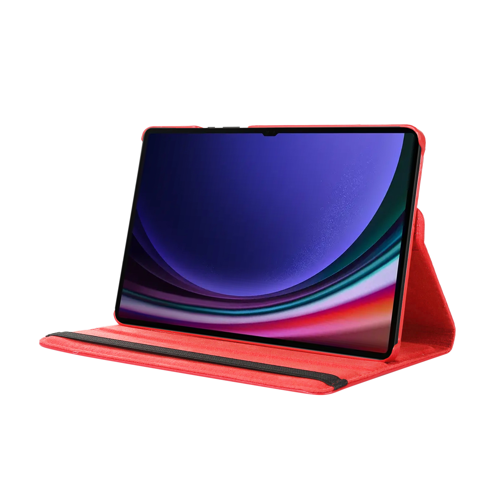 Rotes Tablet in roter Hülle, zeigt Bildschirm mit blau-lila abstraktem Bild.