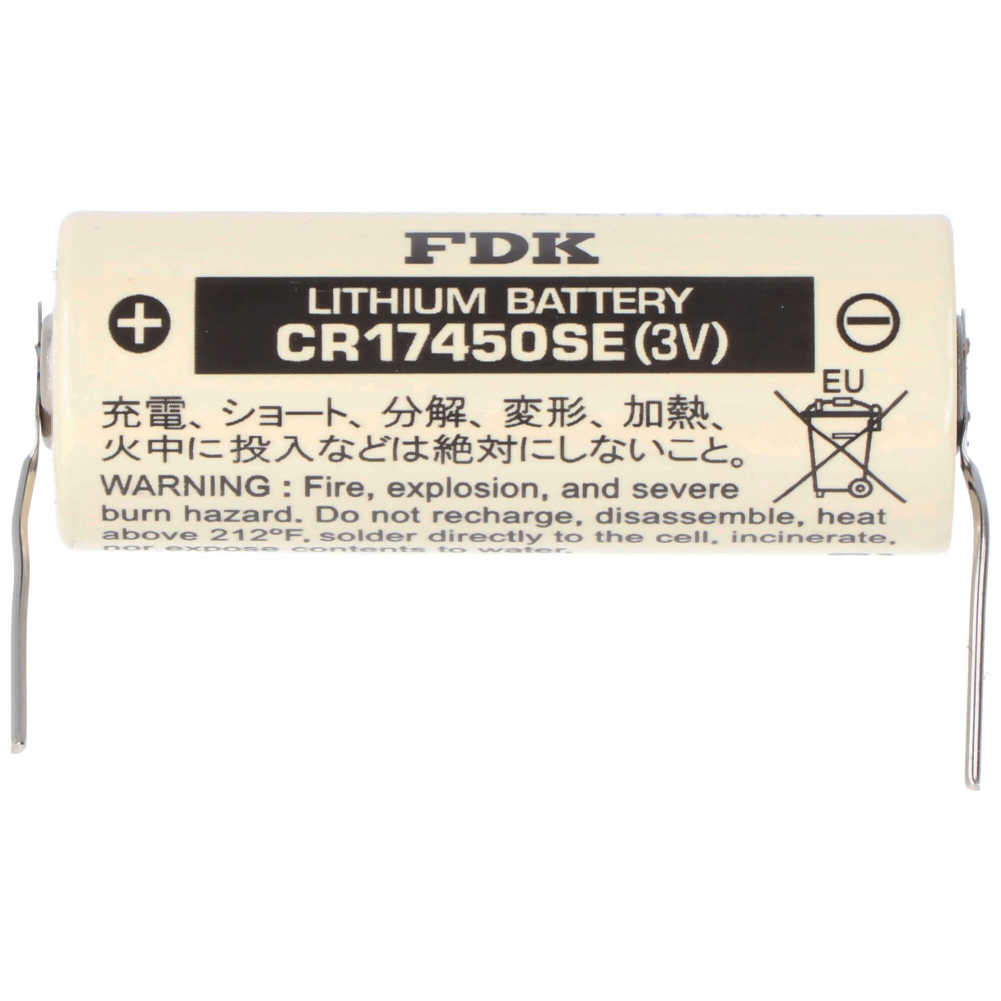 FDK CR17450SE (3V) Lithium-Batterie mit Warnhinweisen.