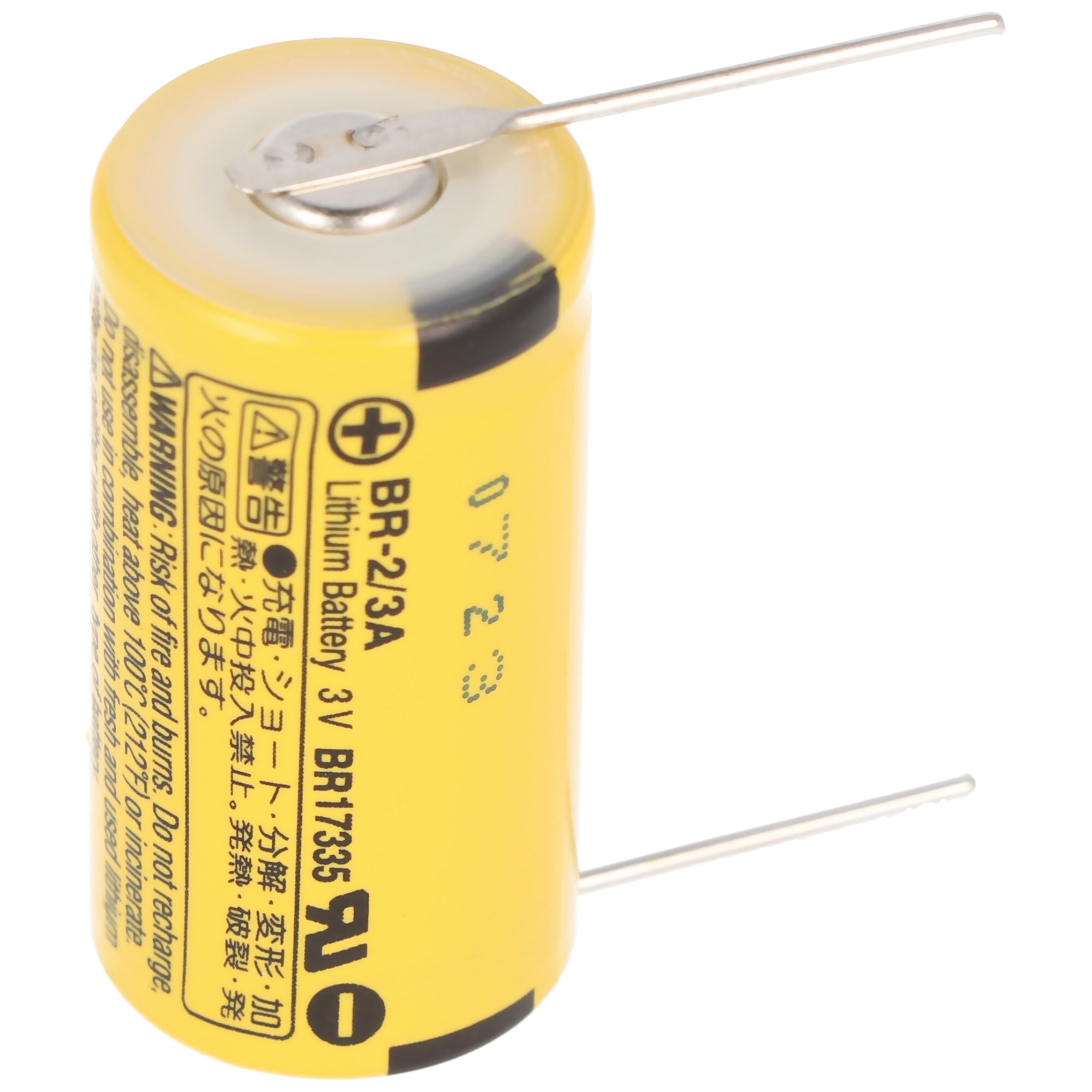 Gelbe BR-2/3A Lithium-Batterie mit Text und Stiften.