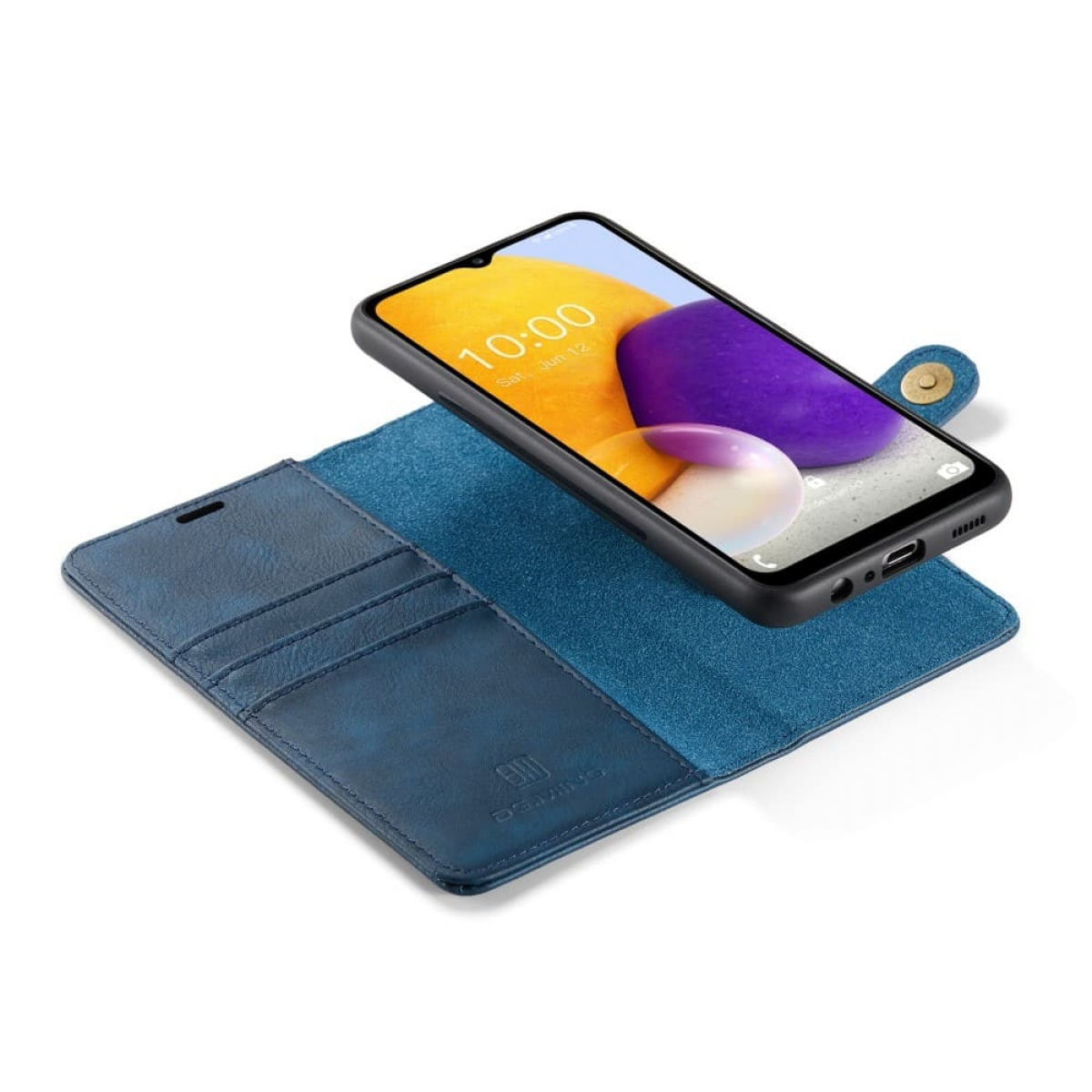 Eine blaue Handyhülle mit einem Telefon darin. Das Telefon zeigt eine Uhr. Die Hülle ist offen.