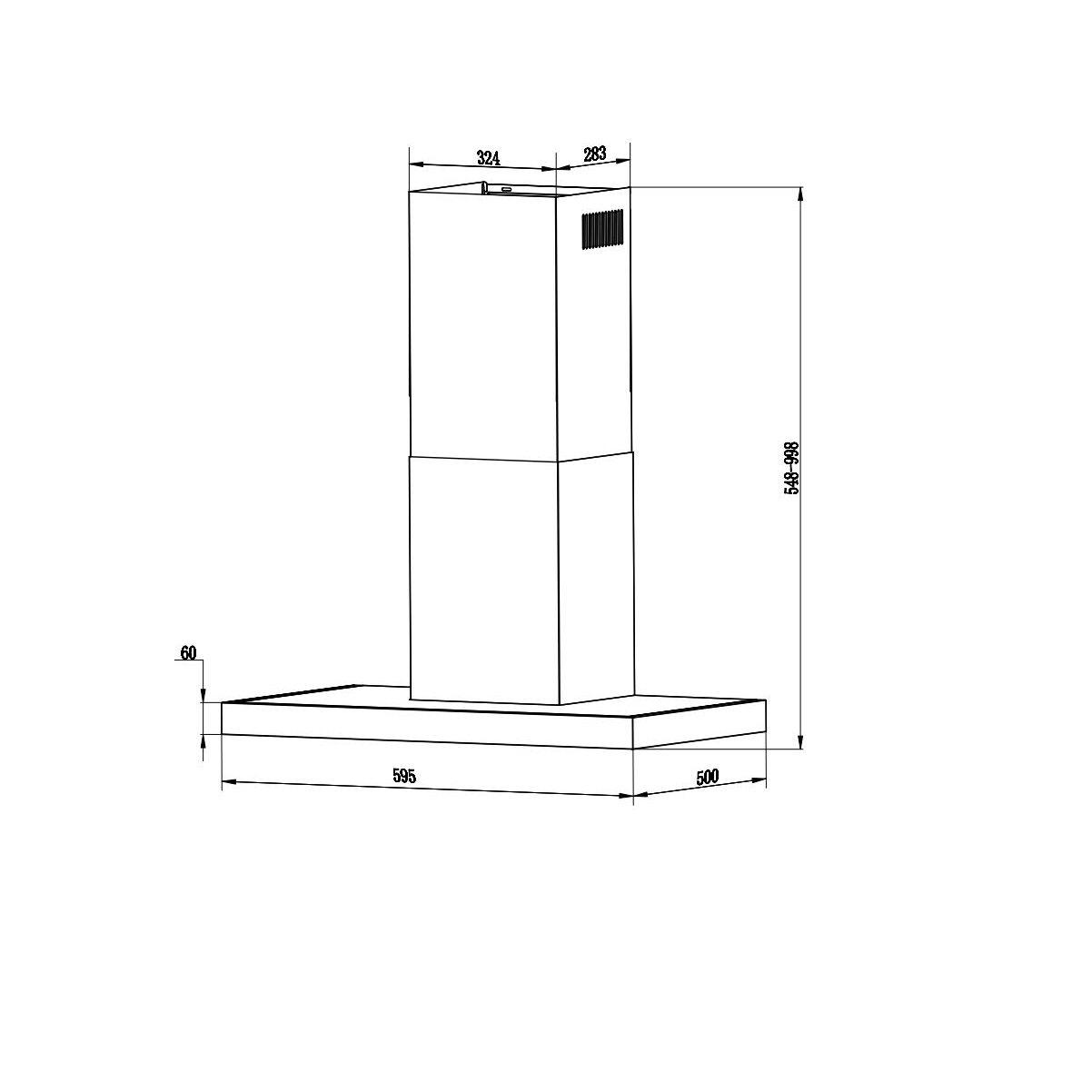 Dessin technique d'une hotte de cuisine avec mesures, sur fond blanc.
