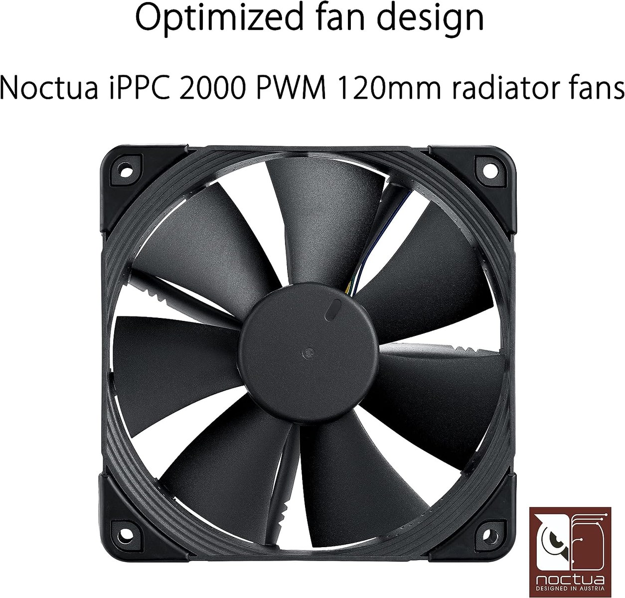 Czarny wentylator z zakrzywionymi łopatkami. To wentylator do chłodnicy Noctua iPPc 2000 PWM 120 mm z czarną ramą.