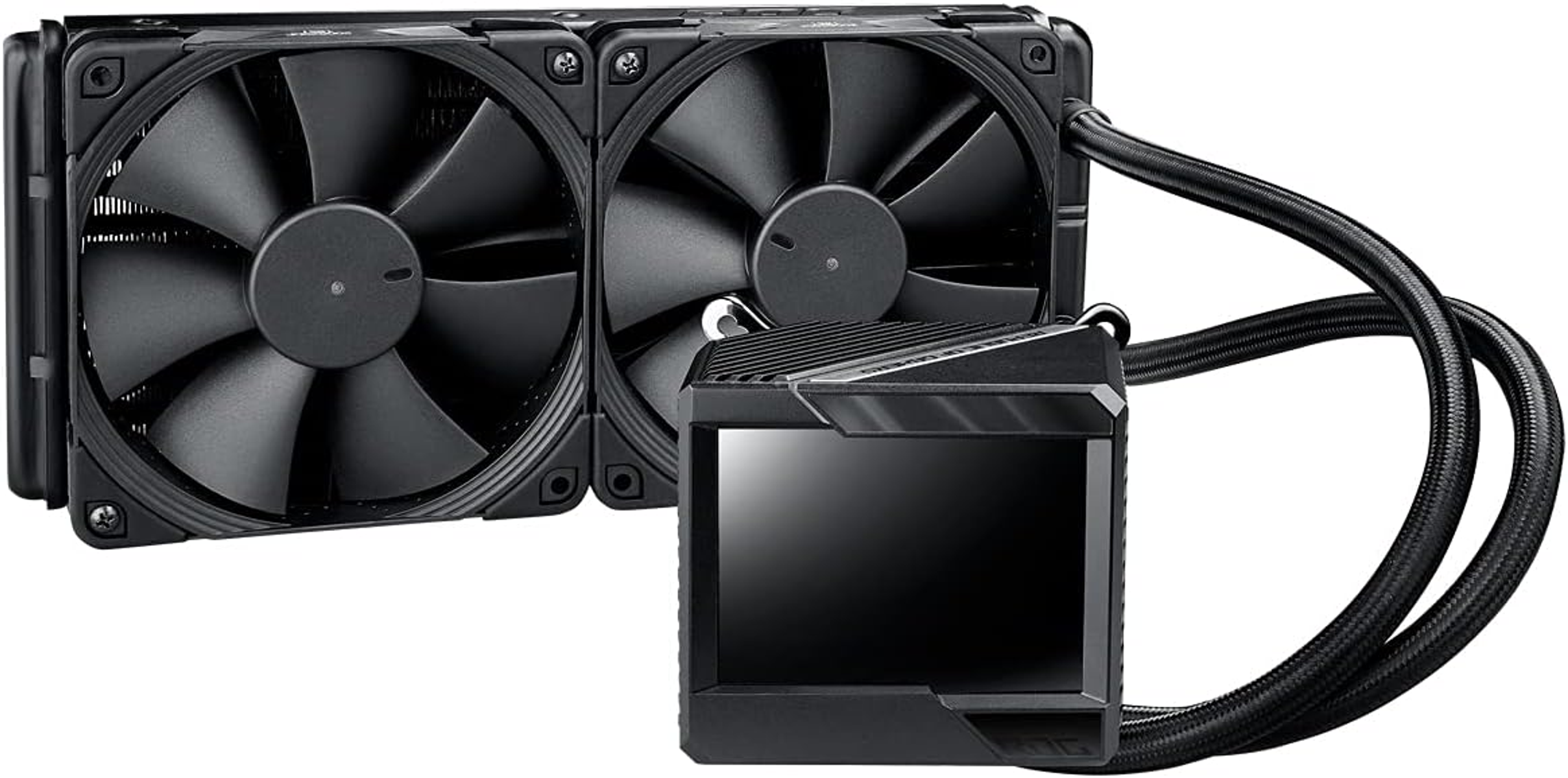 Dwa czarne wentylatory komputerowe podłączone do czarnego urządzenia z ekranem, z rurkami. Białe tło.