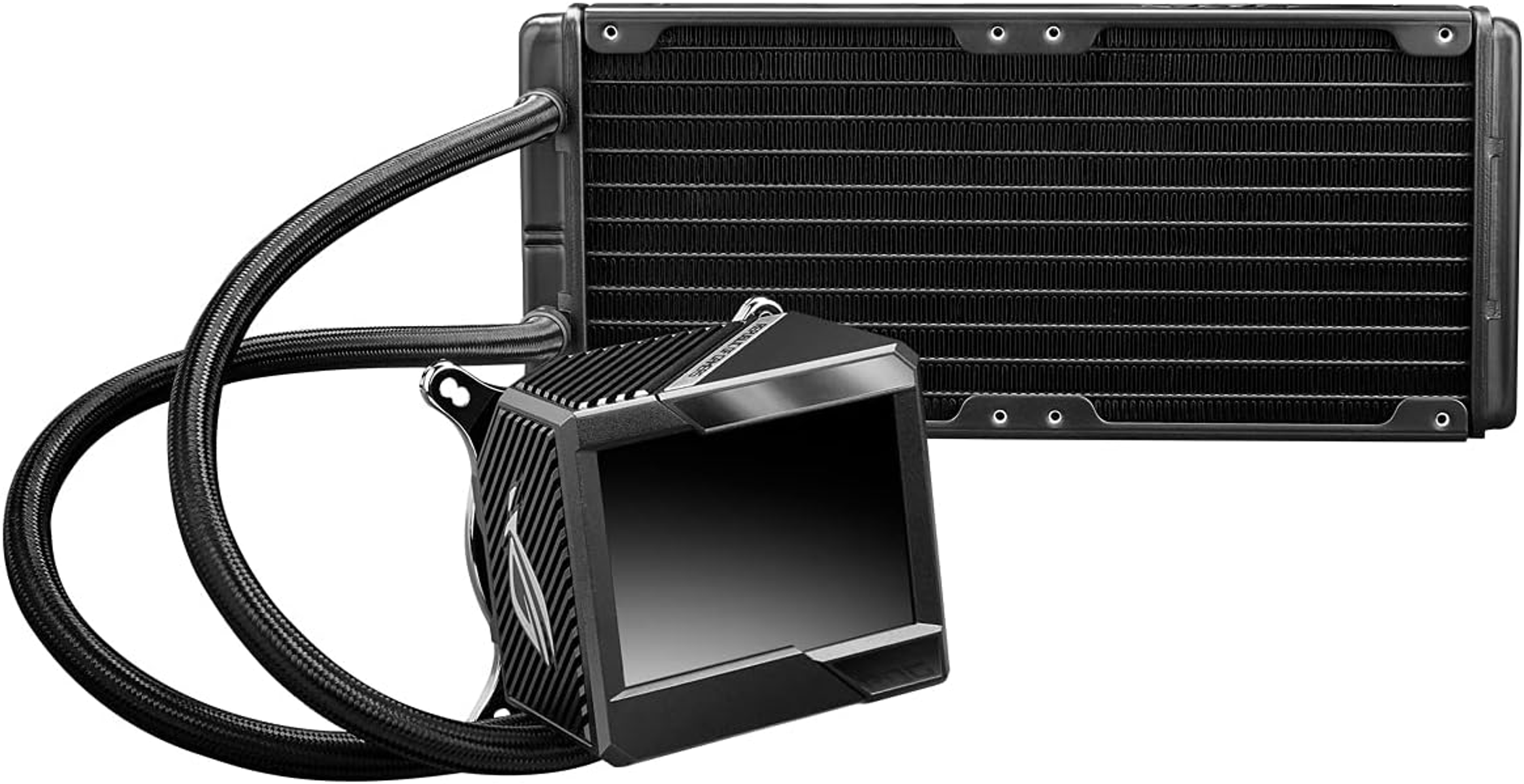 Czarny system chłodzenia cieczą z chłodnicą, rurkami i pompą.