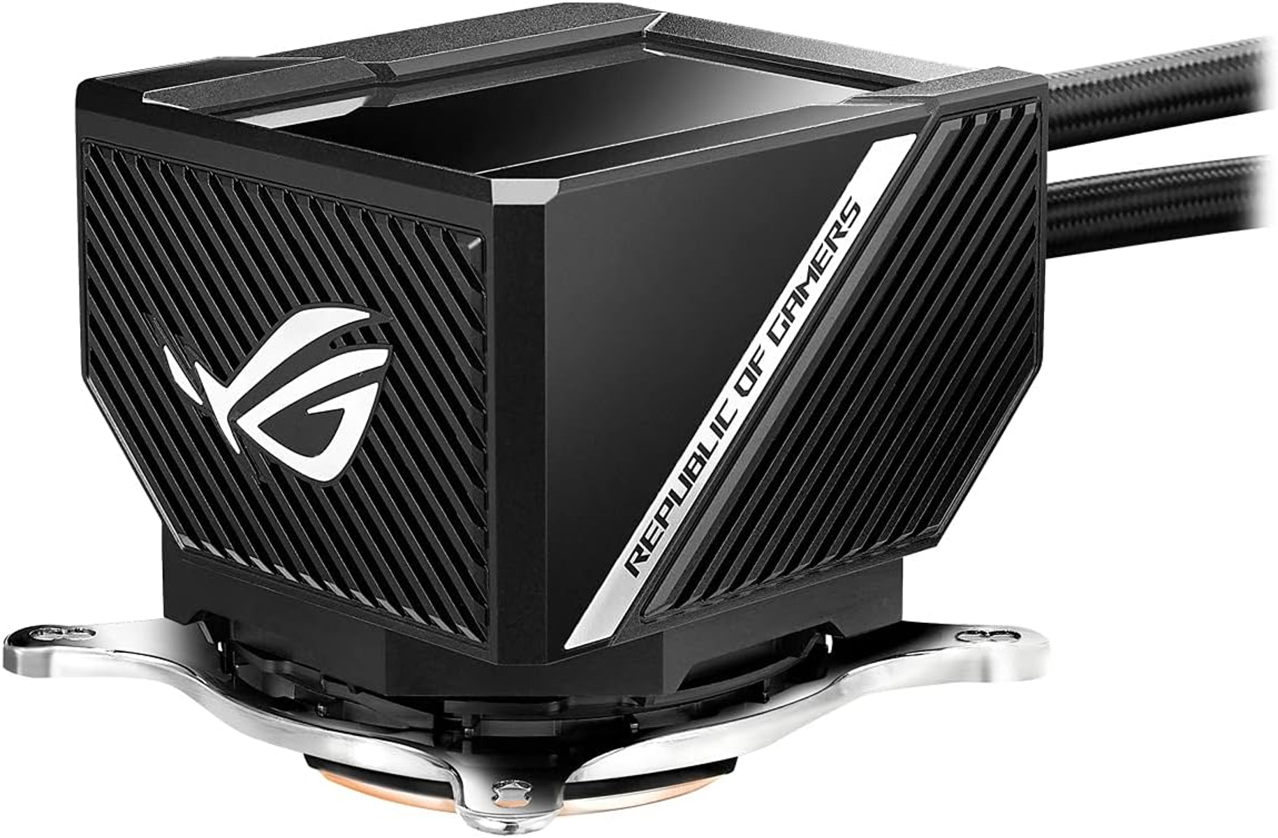 Czarny i srebrny cooler do komputera ROG z wentylatorem i rurkami. Chłodnica znajduje się na metalowej podstawie.