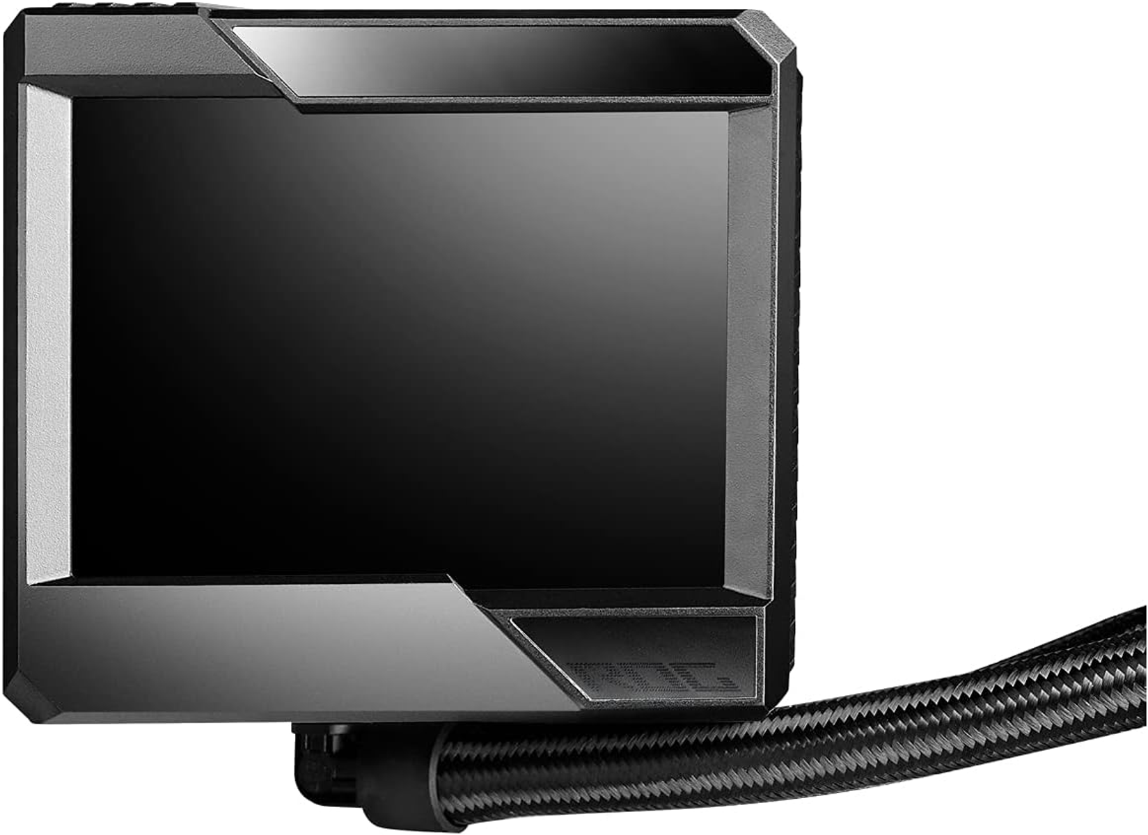 Czarny chłodnica wodna do komputera. Ma ekran i elastyczną rurę. Czarny i szary.