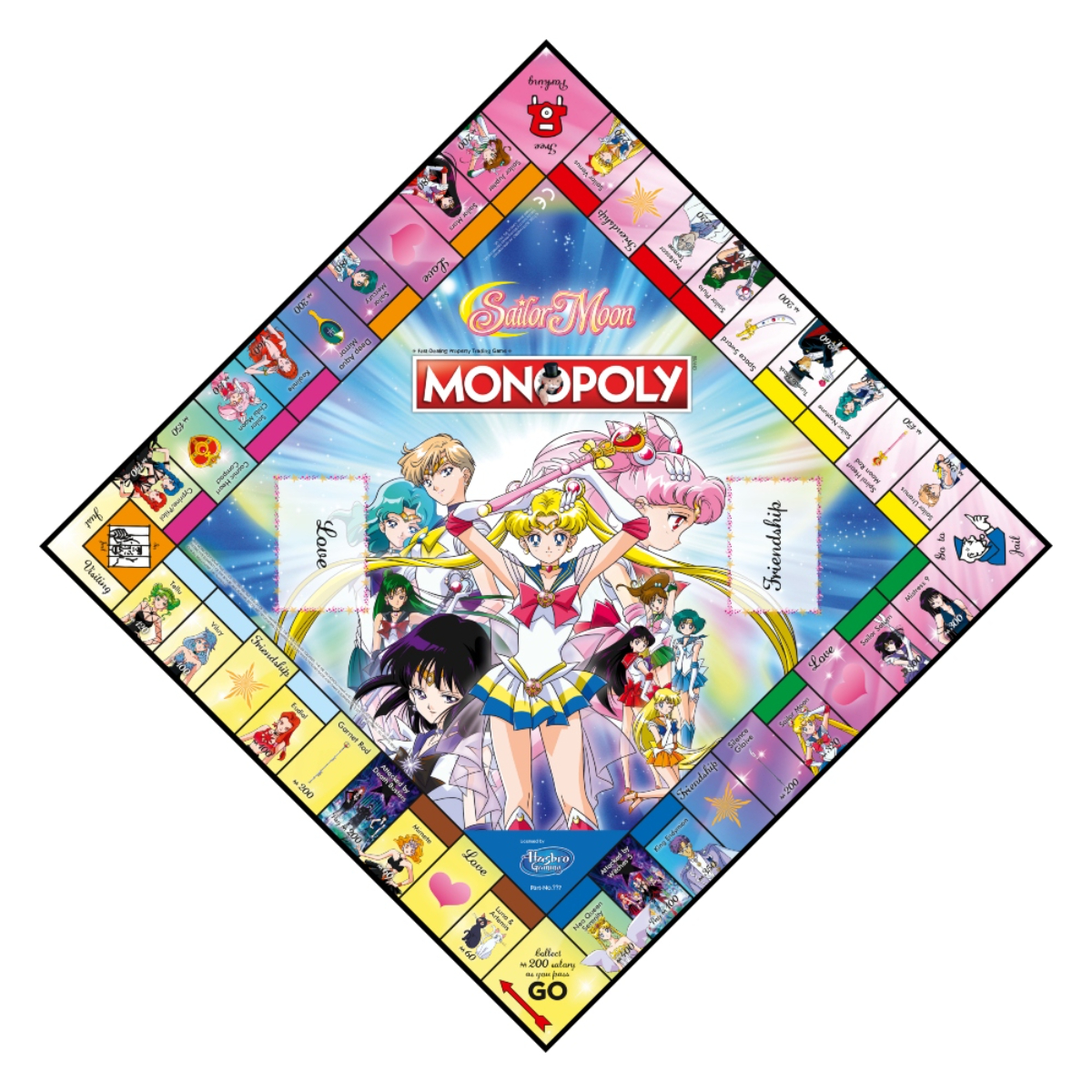 Gioco da tavolo Monopoly di Sailor Moon. Colorato, a forma di diamante con elementi del gioco.
