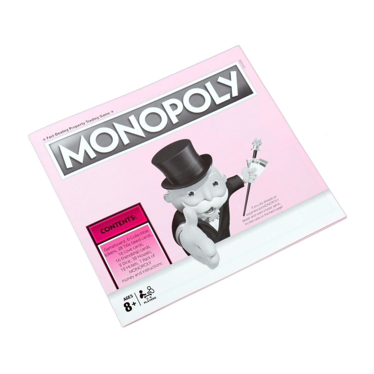 Scatola del gioco Monopoly, sfondo rosa con illustrazione dell'uomo Monopoly. Contiene i dettagli del gioco e l'età.