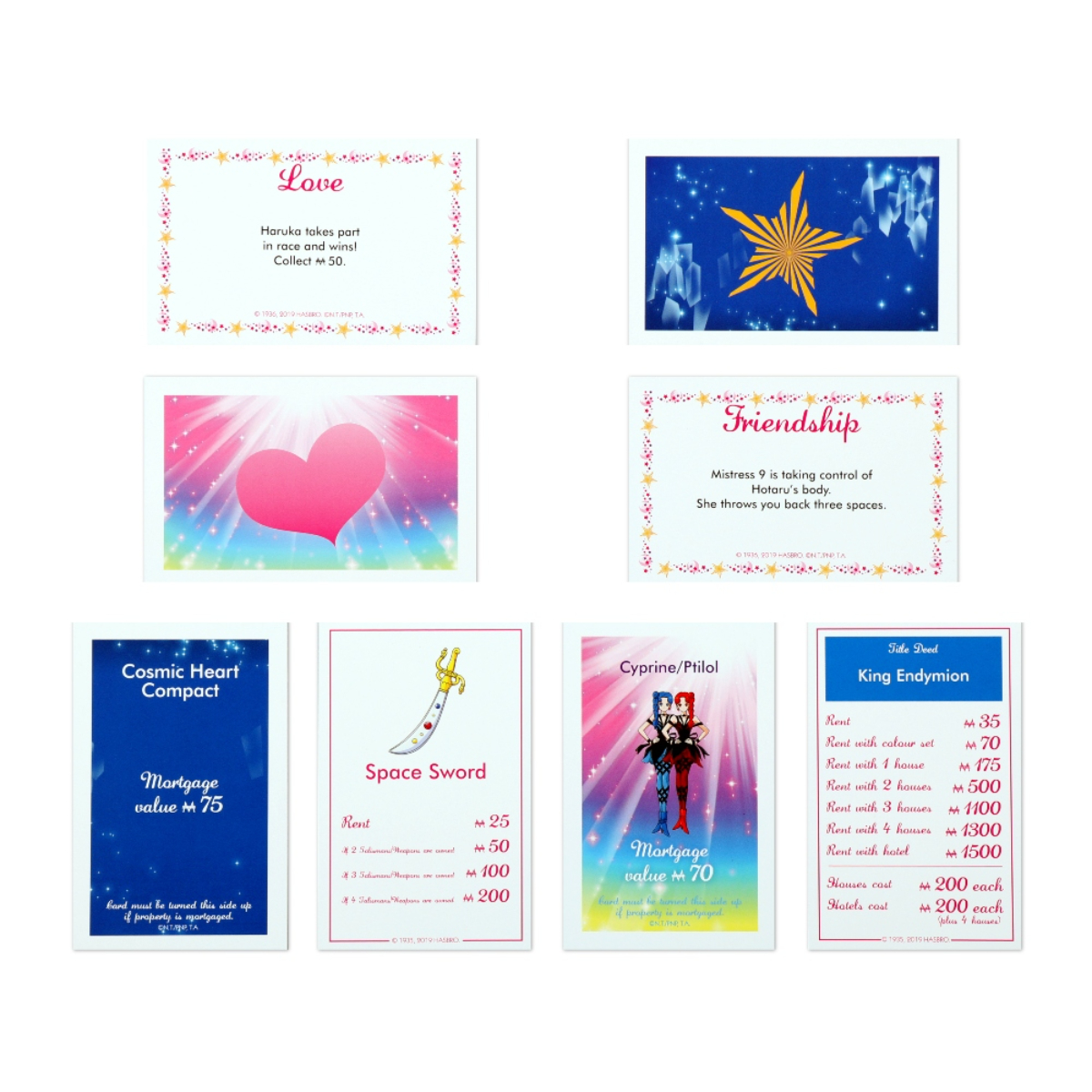 Carte con istruzioni di gioco e immagini, tra cui cuori, stelle e una spada.