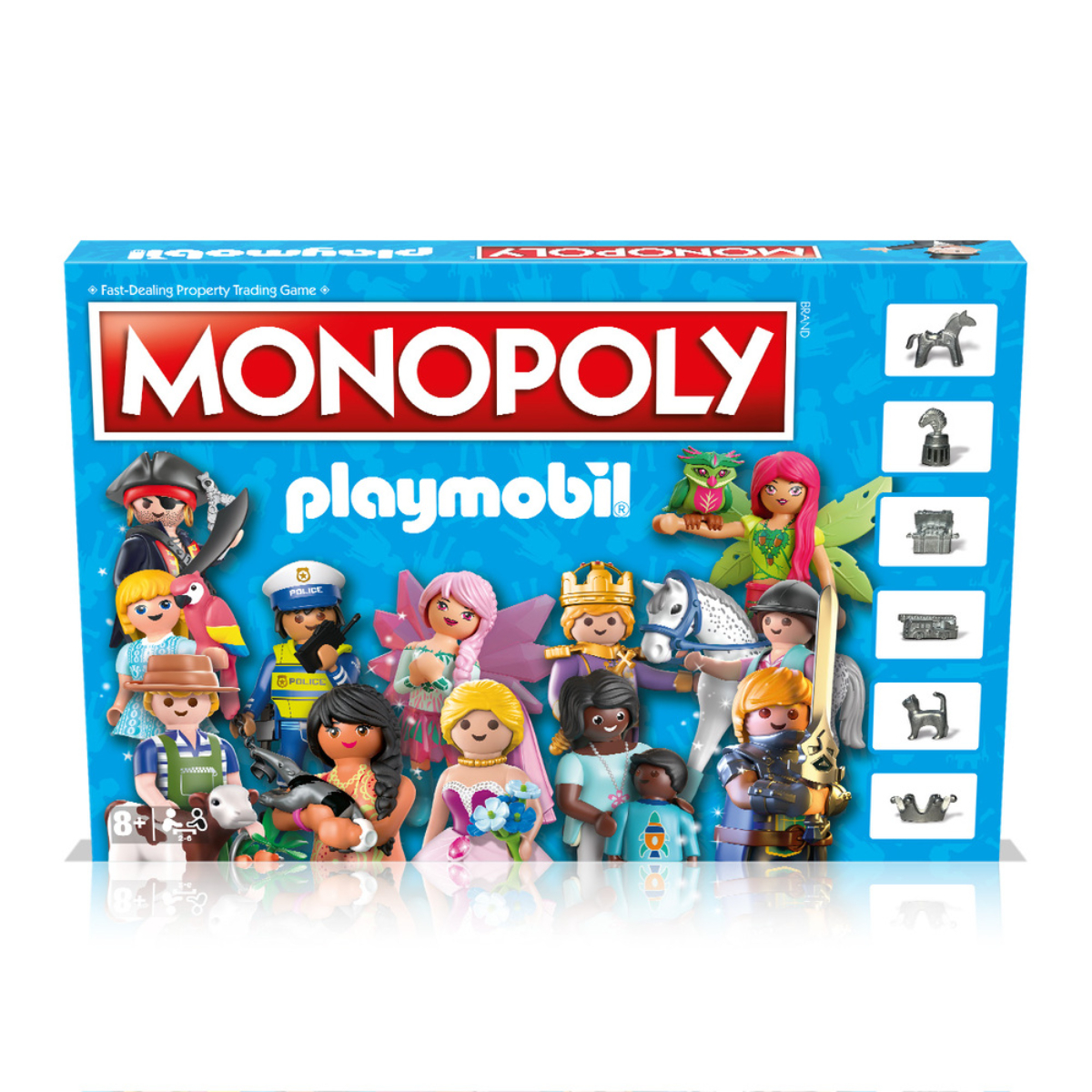 Eine Schachtel Monopoly Playmobil mit vielen Figuren und Illustrationen des Spiels.